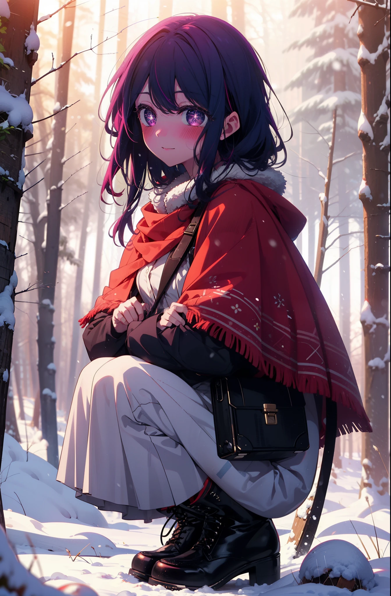 aihoshino, Ai Hoshino, Long Hair, bangs, (Purple eyes:1.1), Purple Hair, (Symbol-shaped pupil:1.5), smile,,smile,blush,white breath,
Open your mouth,snow,Ground bonfire, Outdoor, boots, snowing, From the side, wood, suitcase, Cape, Blurred, , forest, White handbag, nature, Squat, Mouth closed, Cape, winter, Written boundary depth, Black shoes, red Cape break looking at viewer, Upper Body, whole body, break Outdoor, forest, nature, break (masterpiece:1.2), Highest quality, High resolution, unity 8k wallpaper, (shape:0.8), (Beautiful and beautiful eyes:1.6), Highly detailed face, Perfect lighting, Highly detailed CG, (Perfect hands, Perfect Anatomy),
