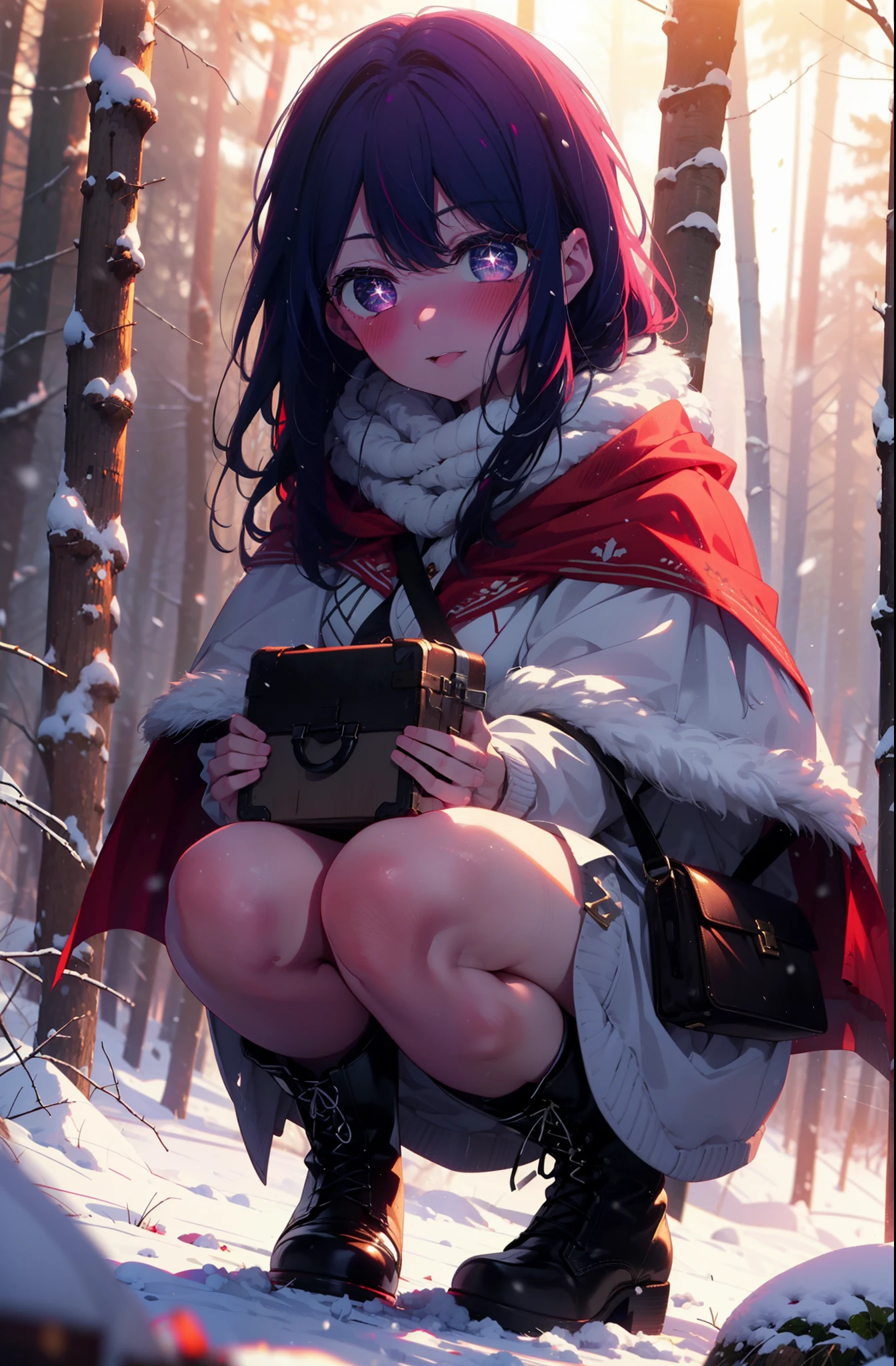 aihoshino, Ai Hoshino, Long Hair, bangs, (Purple eyes:1.1), Purple Hair, (Symbol-shaped pupil:1.5), smile,,smile,blush,white breath,
Open your mouth,snow,Ground bonfire, Outdoor, boots, snowing, From the side, wood, suitcase, Cape, Blurred, , forest, White handbag, nature, Squat, Mouth closed, Cape, winter, Written boundary depth, Black shoes, red Cape break looking at viewer, Upper Body, whole body, break Outdoor, forest, nature, break (masterpiece:1.2), Highest quality, High resolution, unity 8k wallpaper, (shape:0.8), (Beautiful and beautiful eyes:1.6), Highly detailed face, Perfect lighting, Highly detailed CG, (Perfect hands, Perfect Anatomy),