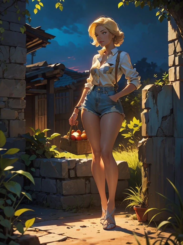 2076 year. The Ruins of the Wasteland, Female huntress picking fruit in the garden, beautiful face, blonde, badly torn shirt and denim shorts , long legs, sweating through, sun rising, Nice warm colors, head to toe, full body shot, pretty hands, perfect fingers,