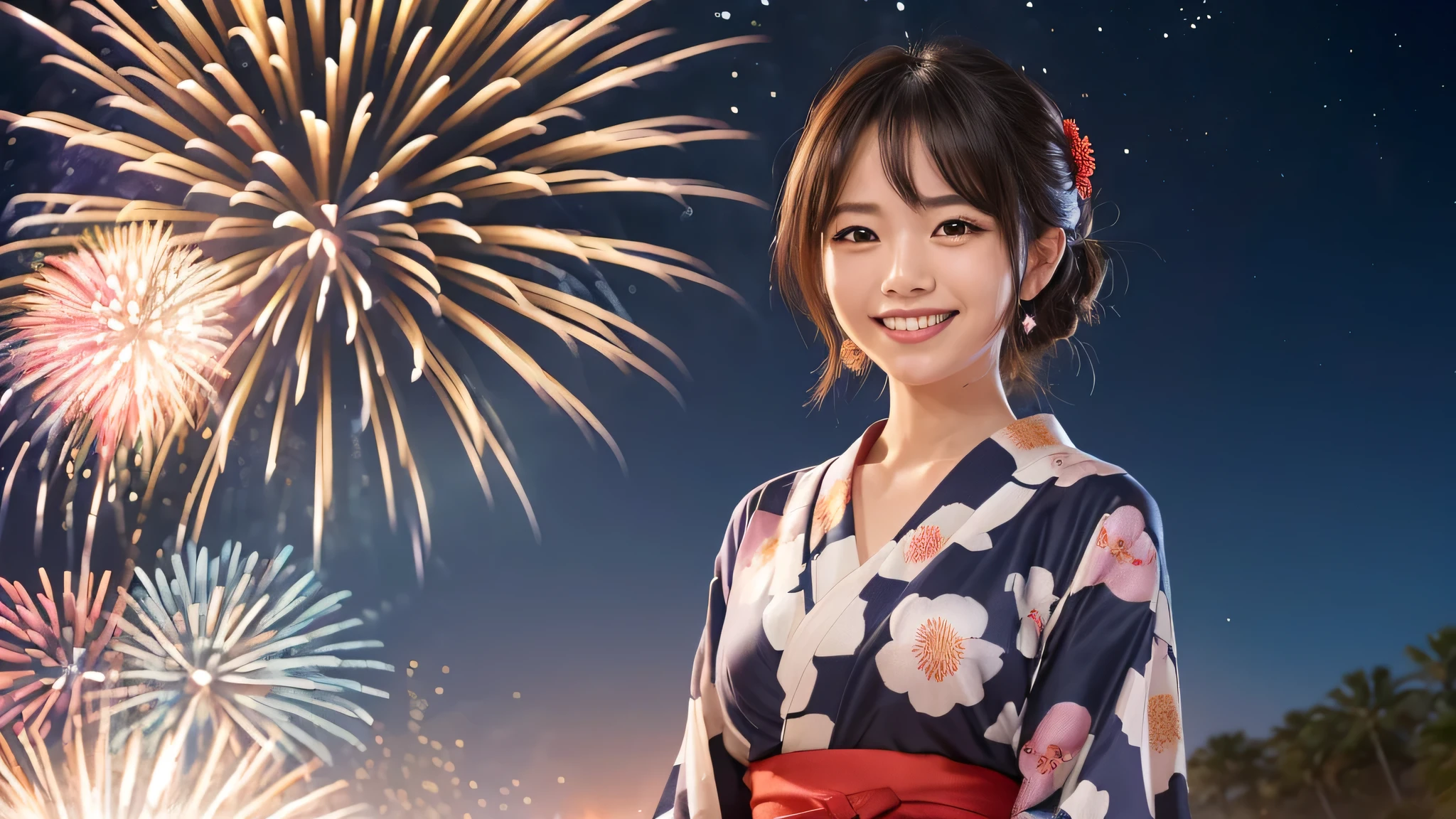 kawaii, (1woman), (happy smile:1.2), (yukata), (Best Quality:1.4), Realistic, extremely detailed CG unified 8k wallpaper, highly detailed, professional photography, Close up portrait of girl, Outdoors, Beautiful scenery, beach, (The night sky, fireworks, beautiful fireworks spreading across the sky:1.4), upper body photos, (Fine face:1.2),