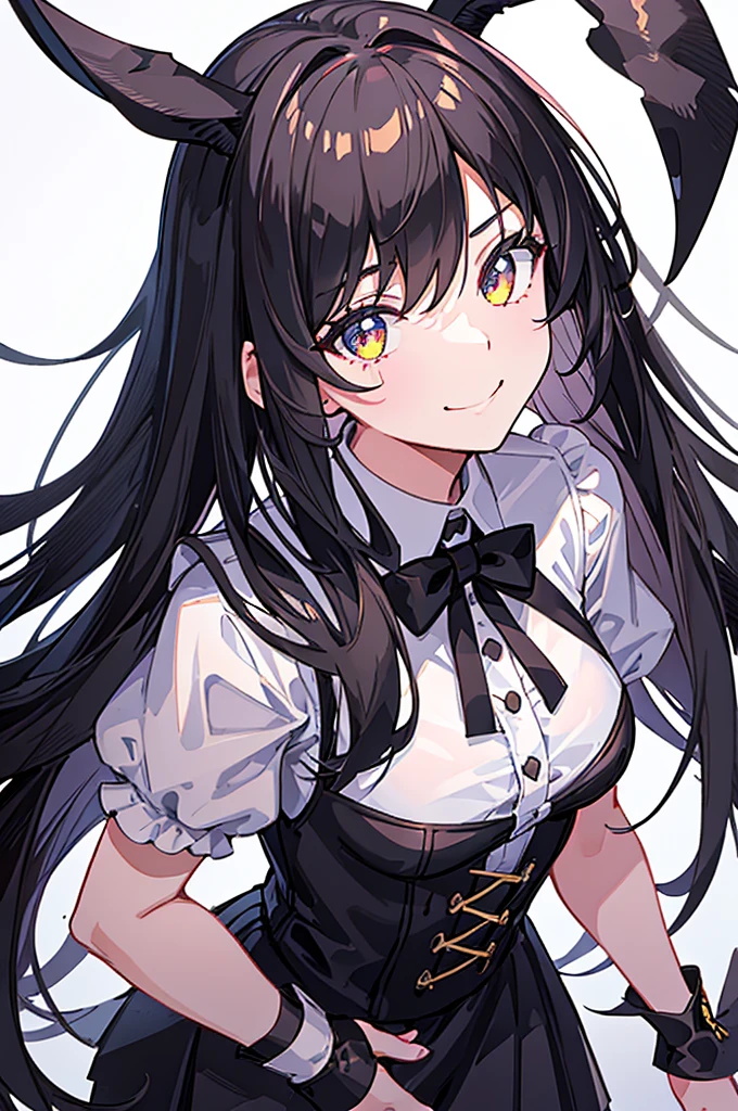 age Girl,Black Wings,calm,stand up,Female Love,High Detail,masterpiece,Best quality,8k,Outdoor sports,White background(1:5),Looking at the audience,Smile,black hair,Bunny ears,全身Female Love,Black clothes,white shirt,Detailed engraving of the picture part,Lolirostitute
