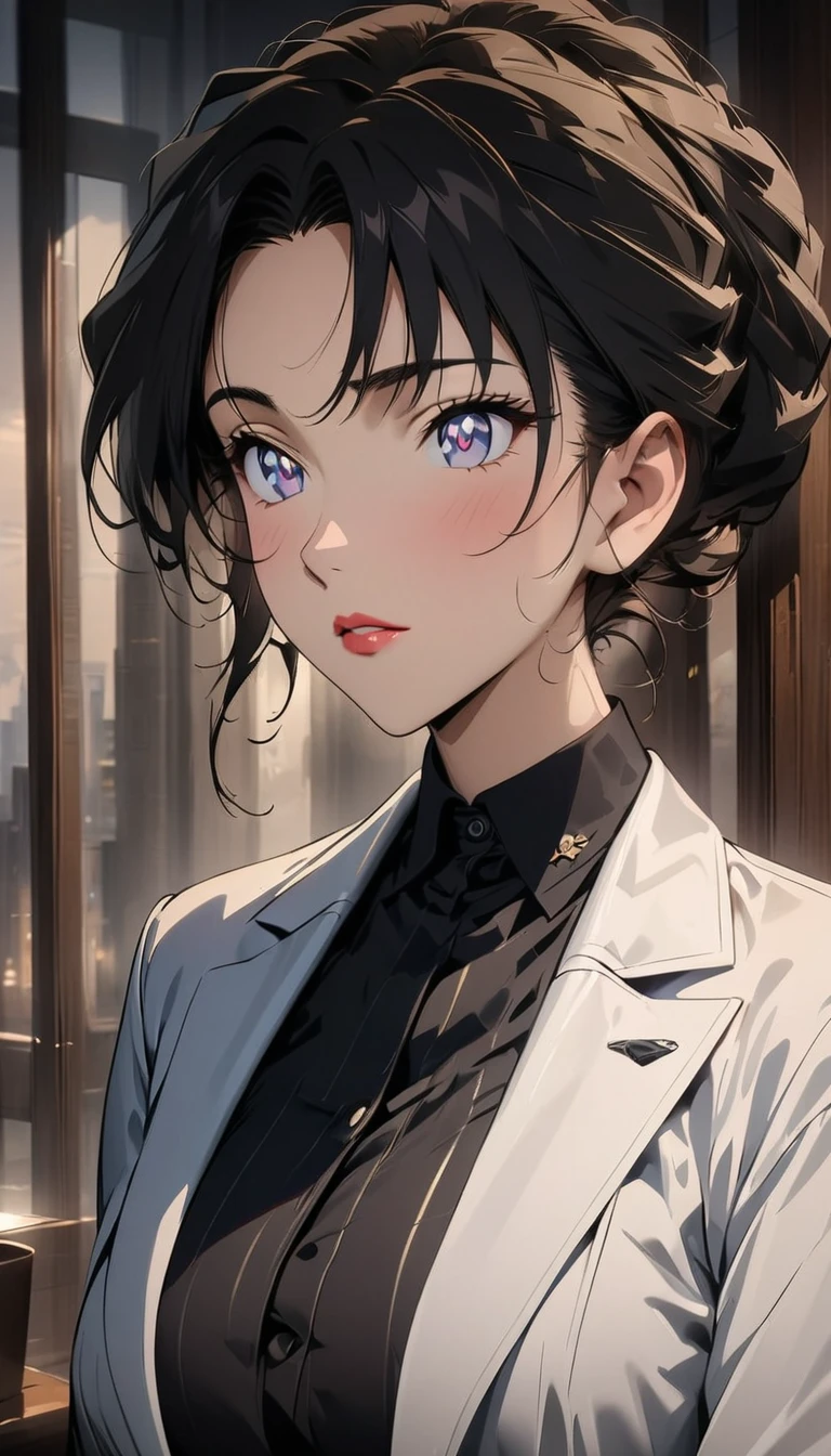 (best quality, High resolution, masterpiece:1.2), black hair, Beautiful woman, delicate eyes, Detailed lips, Suit, Single picture, Anime style