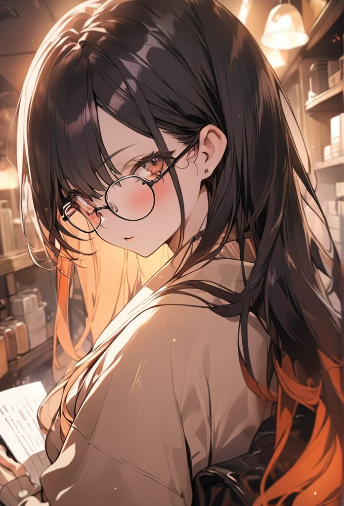Miscellaneous goods store、Stylish、girl with glasses、Straight long hair、Dynamic Angle、Warm colored light、masterpiece

