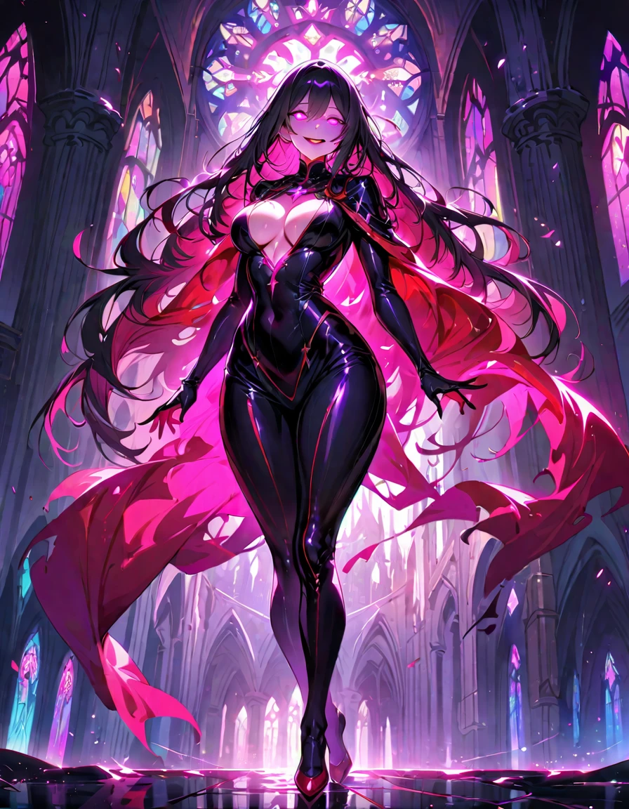 1 mature woman,(Highest quality,Extremely detailed depiction,Incredibly absurd high resolution,Anatomically accurate depiction,Curvy Legs),(Glowing Skin,Shiny skin),(Priestessess,豪華なPriestessessの服),eyelash,(Glowing purple eyes,Crazy Eyes,There is cleavage in the chest,Wicked Smile,Glossy Red Lips,Seductive gestures),Sweat,whole body,(background:A magnificent church with stained glass),Pink light