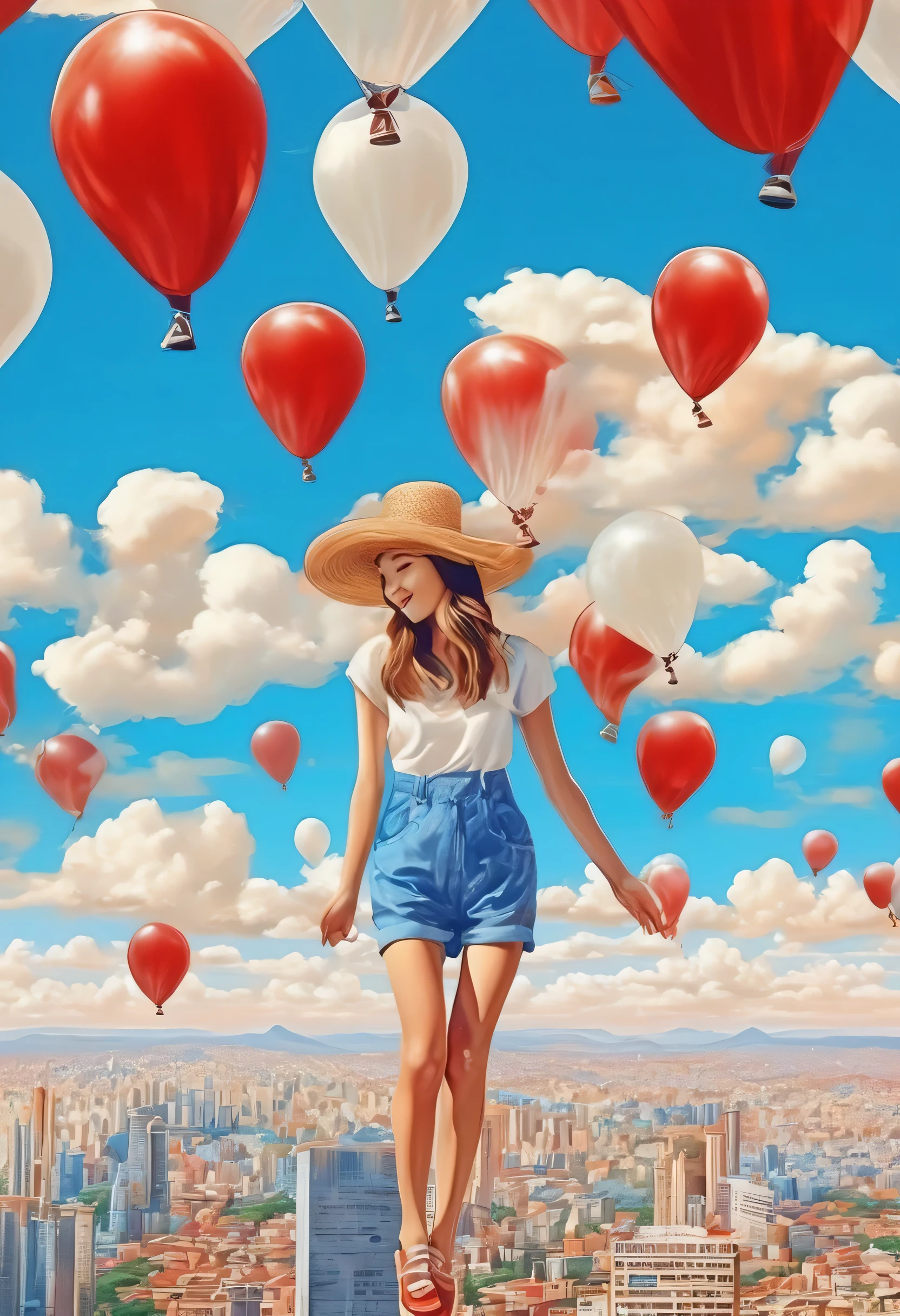 A girl sitting on red, blue and white color balloons、Girl in a straw hat、Smile、beautiful girl、profile、Flying high in the blue sky、Below you can see a small picture of the city.、Fancy、Pop Art、masterpiece、High definition、far and near method、warm color