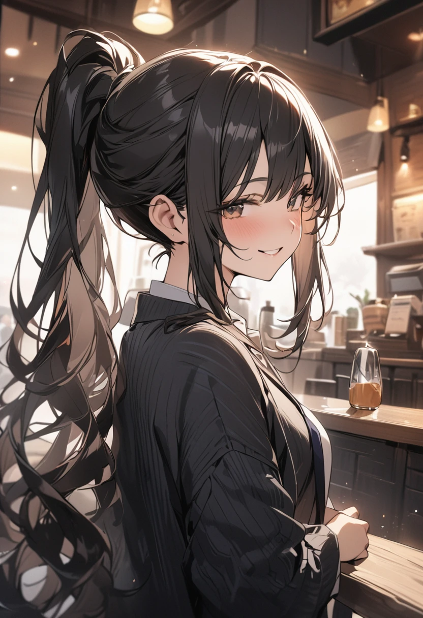 girl, Black Hair, sister, Tie your hair into a ponytail、Smile at the speaker, High-quality images, masterpiece, beautiful girl, Cafe,