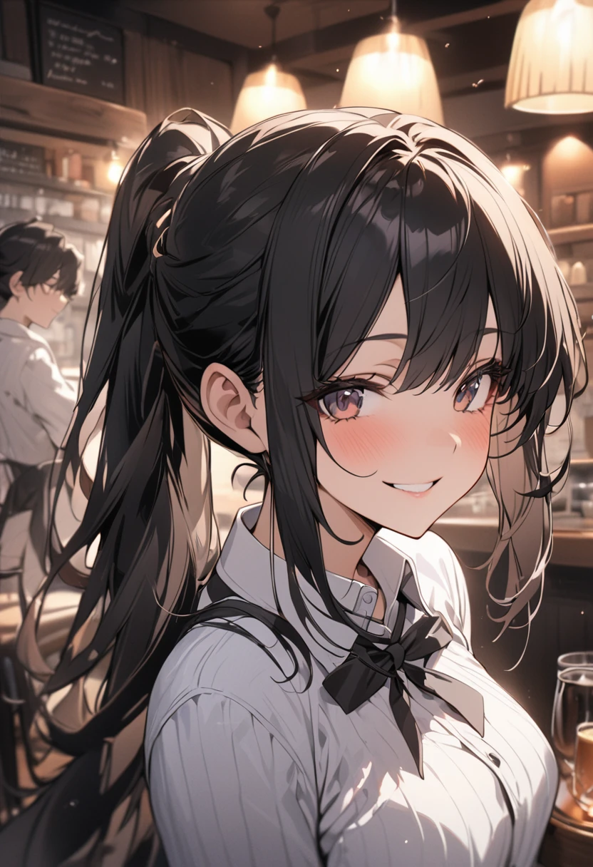 girl, Black Hair, sister, Tie your hair into a ponytail、Smile at the speaker, High-quality images, masterpiece, beautiful girl, Cafe,