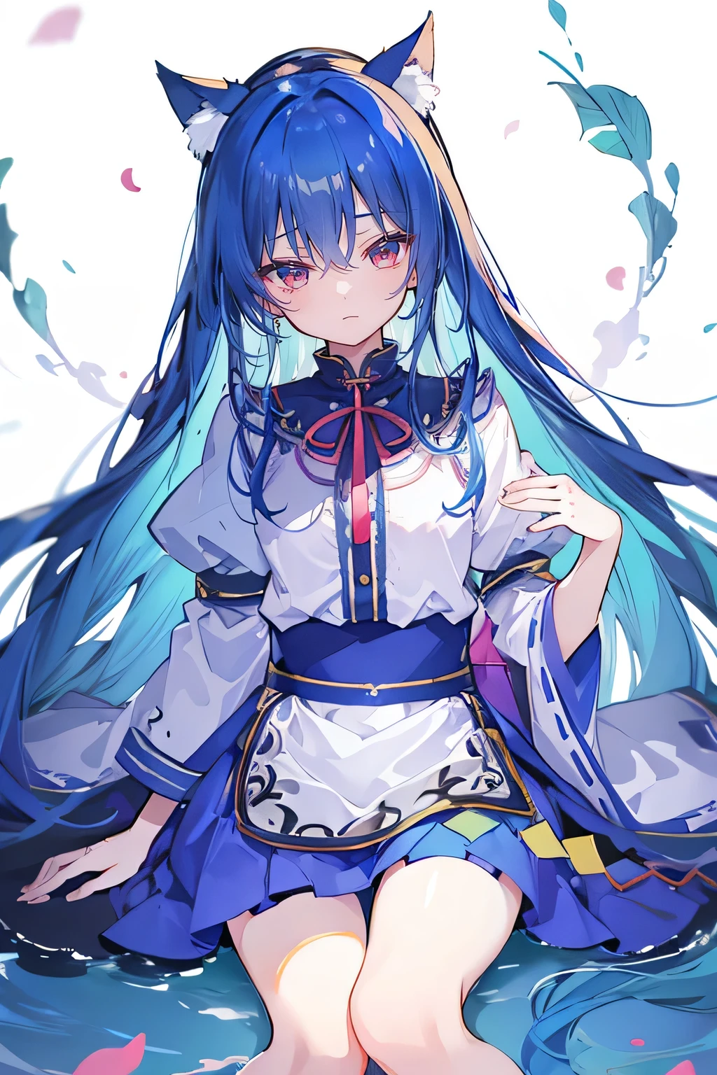 (masterpiece:1.2),Extremely detailed,Practical,expressive eyes,Fair skin,Perfect face shaping,1 Girl,
Japanese cartoons,Gorgeous blue hair, the long flowing blue hair,Floating clothes,Cat ears,Petals fall,beautiful lola,Young Angel,
Place your hands on your waist,sit elegantly on the ground,Cross your legs,Gentle and peaceful background,stately church,Place your hand on your lips。