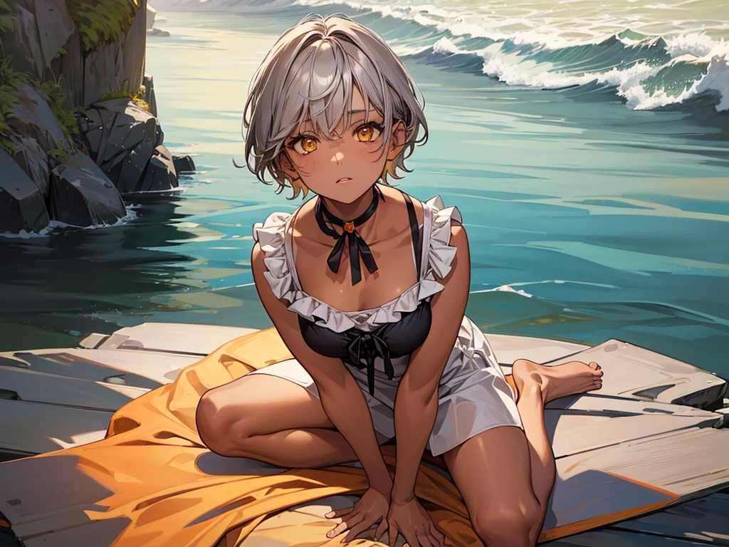 masterpiece, Highest quality, Perfect Face, Highest Resolution, Highest quality,Detailed depiction of the eyes, 1 girl, young, dark tan skin, slate gray hair, short hair, upturned eyes, Yellow Orange eyes, Perfect Anatomy, ribbon choker, barefoot, Seaside house, 8k