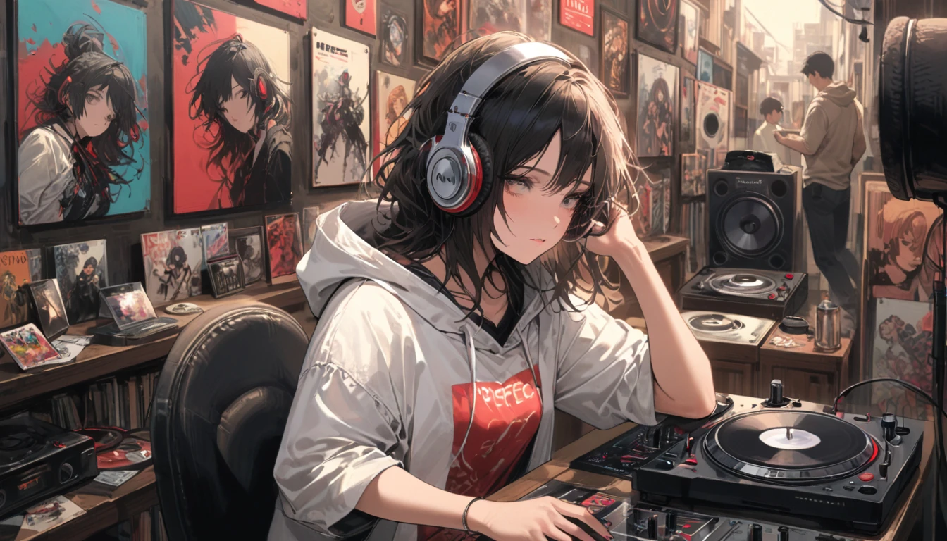 girl, Beats headphones, Pioneer DJ Turntable, DJ Controller, hoodie, Manga Salon, DJ play, Cowboy Shot, look away from the side, Realistic, Detailed Background, By Tsukasa Hojo, (masterpiece, Highest quality, Perfect composition, so beautiful, Absurd, Very detailed, Intricate details, Professional, Official Art, Representative works:1.3), (Animajin:0.01)