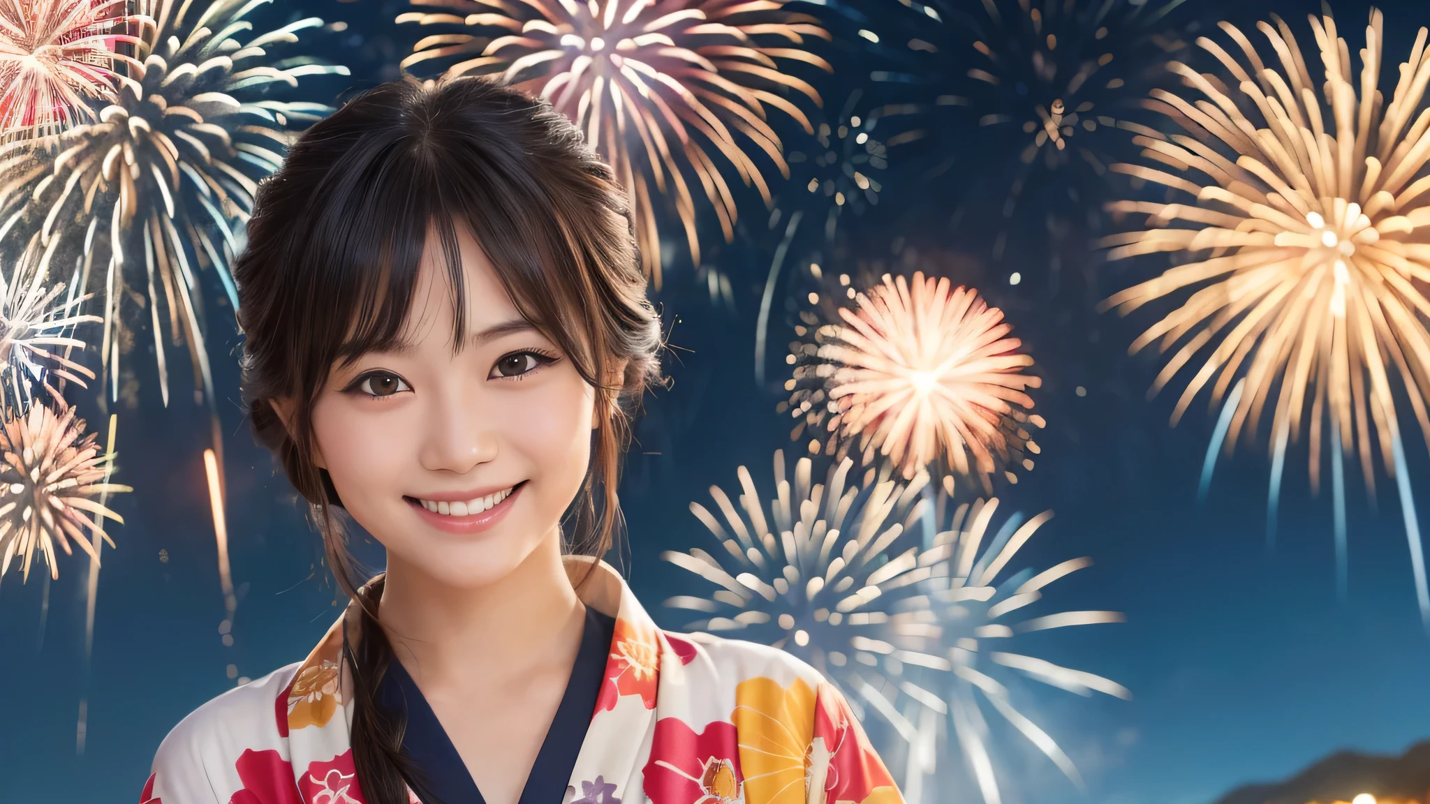 kawaii, (1woman), (happy smile:1.2), (yukata), (Best Quality:1.4), Realistic, extremely detailed CG unified 8k wallpaper, highly detailed, professional photography, Close up portrait of girl, Outdoors, Beautiful scenery, beach, (The night sky, fireworks, beautiful fireworks spreading across the sky:1.4), upper body photos, (Fine face:1.2),