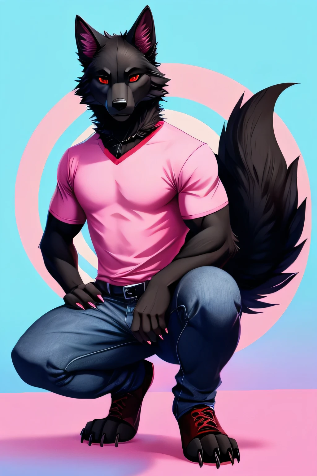 Male black wolf squat pose legs open furry claws on knees jeans and pink shirts blue pink background fluffy tail red eyes look sexy