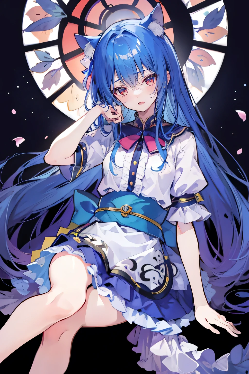 (masterpiece:1.2),Extremely detailed,Practical,expressive eyes,Fair skin,Perfect face shaping,1 Girl,
Japanese cartoons,Gorgeous blue hair, the long flowing blue hair,Floating clothes,Cat ears,Petals fall,beautiful lola,Young Angel,
Place your hands on your waist,sit elegantly on the ground,Cross your legs,Gentle and peaceful background,stately church,Place your hand on your lips。