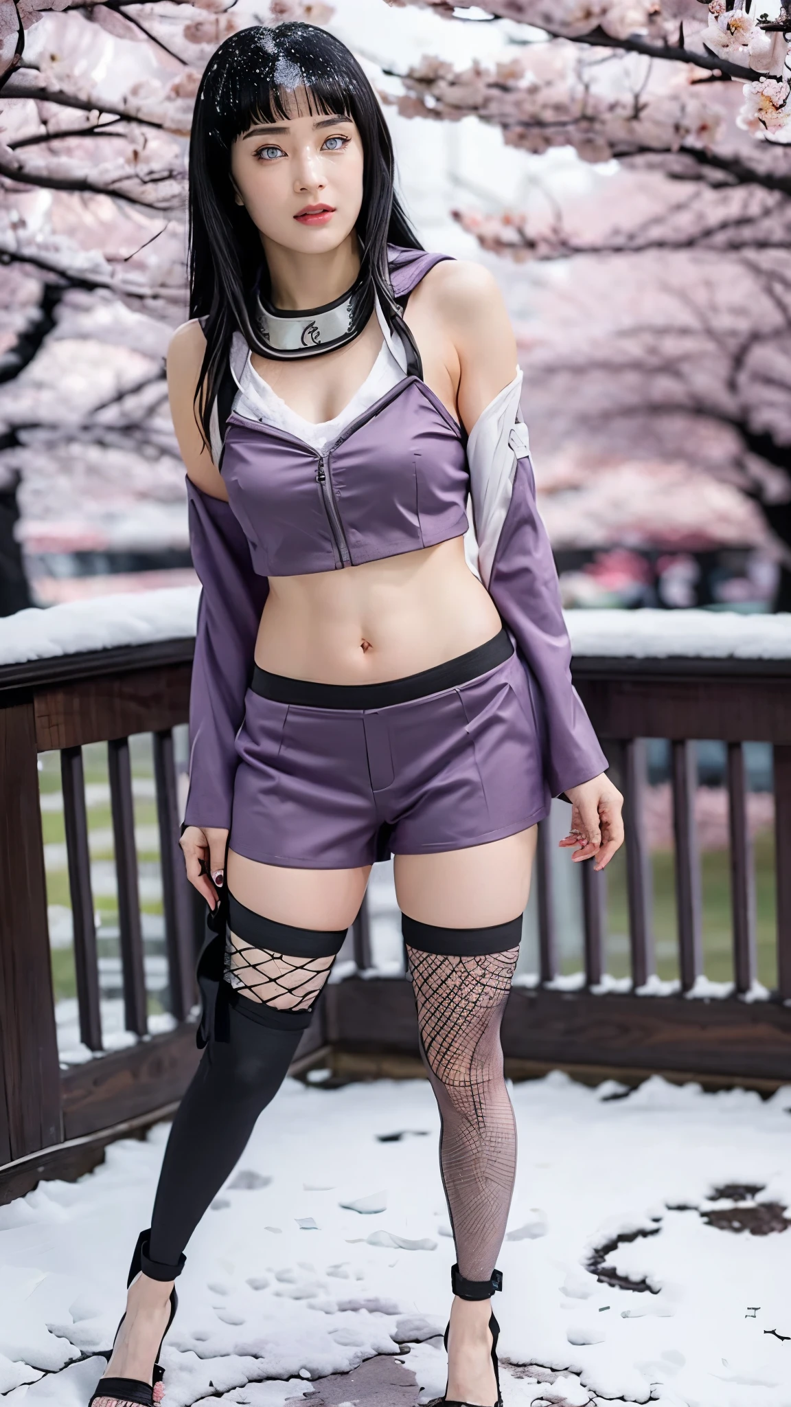 Moisturized skin, (bright gradient eyes), perfect body, adult body, mature,
BREAK,
(beautiful navel), (kunoichi), (ninja), sexy, (kunai), (leather), fishnet, (fishnet stockings: 1.2), (blush), (black clothes), (embarrassed expression: 1.3), (black hot pants: 1.3), bright red lipstick, (ninja clothes: 1.2),
BREAK,
(long silky black purple hair: 1.3), (long ends of bangs: 1.2), (straight bangs: 1.3), (Hyuga Hinata hairstyle),
BREAK,
((masterpiece + highest quality + high resolution + highly detailed)), (full body: 1.2), symmetrical, one shot,
BREAK,
(city street), (cherry blossoms falling in a snowstorm: 1.5),
BREAK,
(Hirose Suzu: 1.4), (Hyuga Hinata: 1.3), elegant,