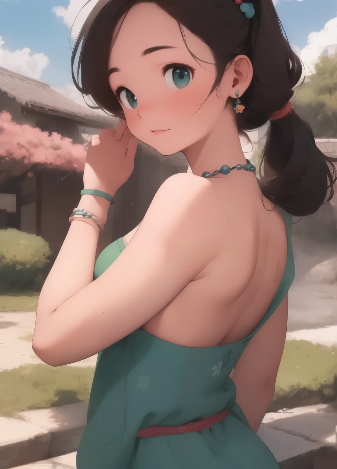 (masterpiece、Highest quality、Highest quality、Official Art、Beautiful and beautiful:1.2)、(One girl:1.3)Hatsune Miku、Twin tails,Beautiful breasts, Katsushika Hokusai, 1 girl, (alone:1.5), Nadia La Arwall, Outdoor, blue sky, cloudy, Very detailed, 8k, masterpiece世界劇場, Textured skin, Beautifully detailed face, Beautiful attention to detail, Zhou Haoguang, Realistic Shadows, Beautiful fine pupils, cute, One girl, alone, Green Eyes, Dark Skin, short hair, belly button, Bandeau, Best, bracelet, Earrings, hair ornaments, Loincloth, Exposing shoulders, necklace, necklace, On all fours, Ass Cowboy Shot, From behind