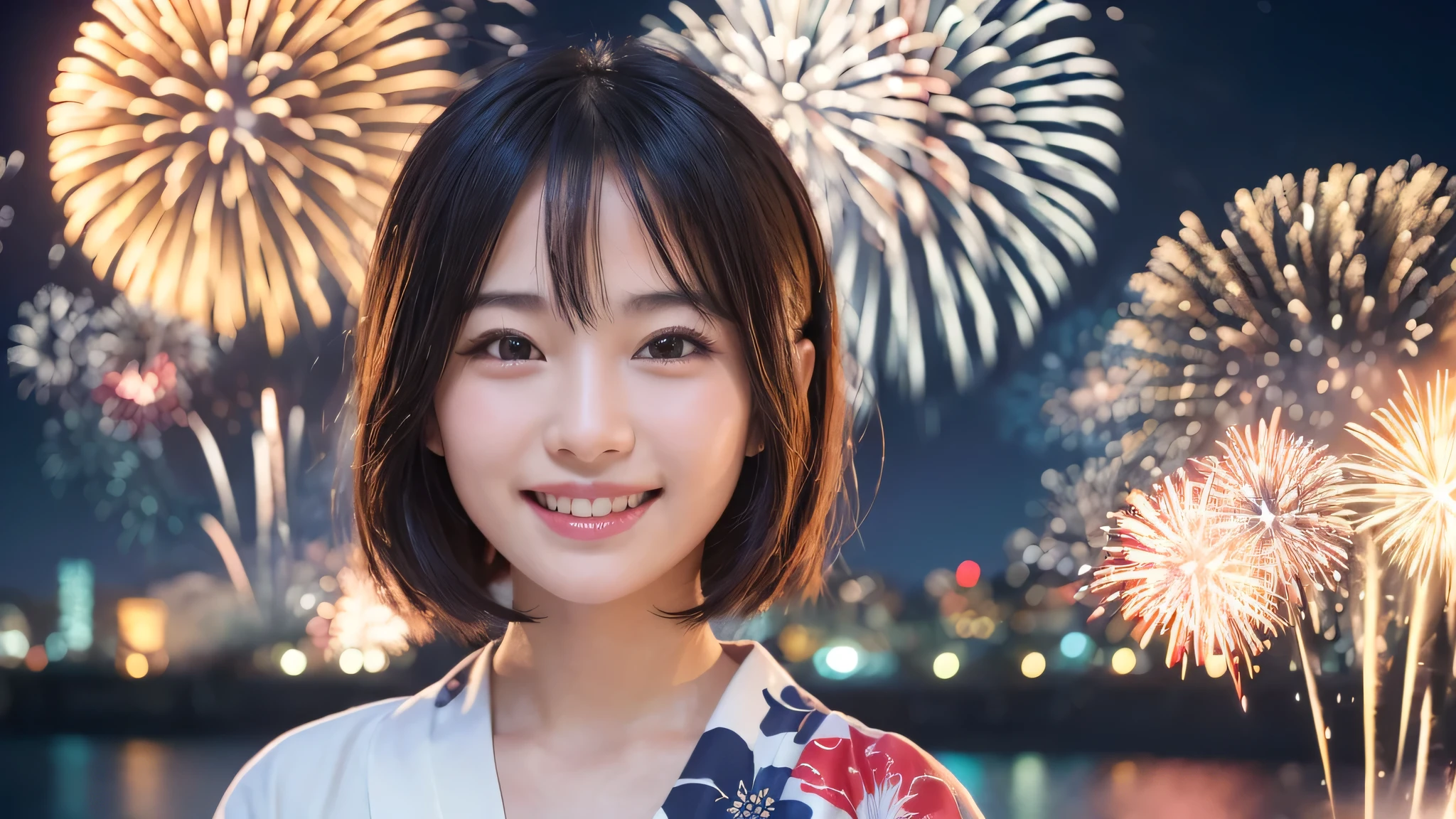 kawaii, (1woman), (happy smile:1.2), (yukata), (Best Quality:1.4), Realistic, extremely detailed CG unified 8k wallpaper, highly detailed, professional photography, Close up portrait of girl, Outdoors, Beautiful scenery, beach, (The night sky, fireworks, beautiful fireworks spreading across the sky:1.4), upper body photos, (Fine face:1.2),