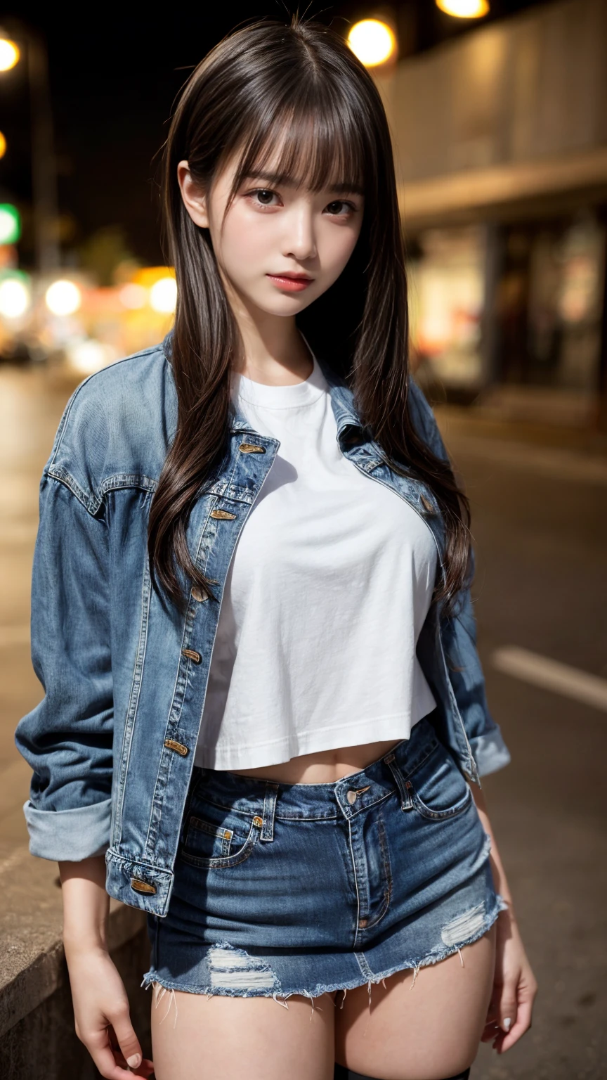 masterpiece, best quality, illustration, Super detailed, fine details, High resolution, 8K,wall paper, perfect dynamic composition,(Details High quality, realistic depiction of eyes:1.3), (Fashionable, Denim Jacket, Oversized T-shirt, a denim miniskirt), (large breasts), long hair, black hair color, Big Natural Color Lip, (perfect body shape), crying a little、Harajuku style、20 year old girl、cute type、lolita、beautiful legs, night club, at midnight, Gravure Idol, Voluptuous thighs