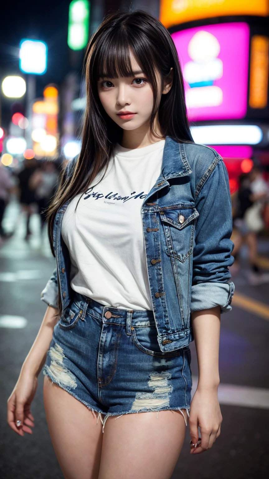masterpiece, best quality, illustration, Super detailed, fine details, High resolution, 8K,wall paper, perfect dynamic composition,(Details High quality, realistic depiction of eyes:1.3), (Fashionable, Denim Jacket, Oversized T-shirt, a denim miniskirt), (large breasts), long hair, black hair color, Big Natural Color Lip, (perfect body shape), crying a little、Harajuku style、20 year old girl、cute type、lolita、beautiful legs, night club, at midnight, Gravure Idol, Voluptuous thighs
