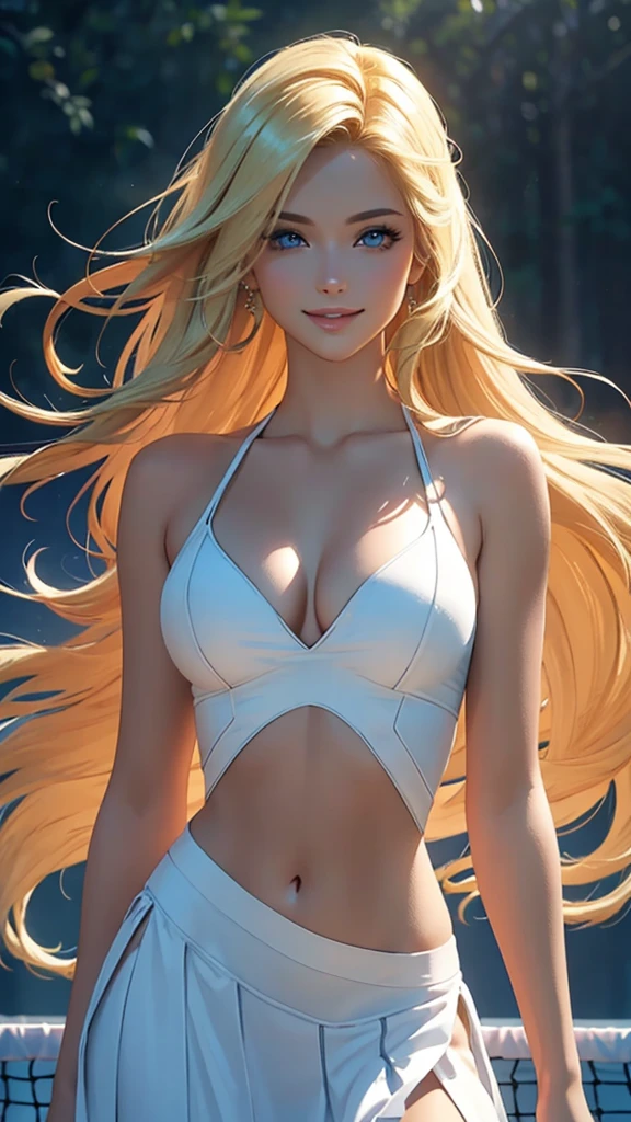 (best quality,ultra-detailed,photo-realistic:1.37),bright and vibrant colors,studio lighting,playful expression,stylish makeup,long blonde hair flowing in the wind,alluring eyes,glossy lips,sexy pose, Tennis, smiling in a confident and seductive way,posing for a professional photoshoot,shallow depth of field,highlighting the main subject,soft natural lighting,creating a dreamy and magical atmosphere.