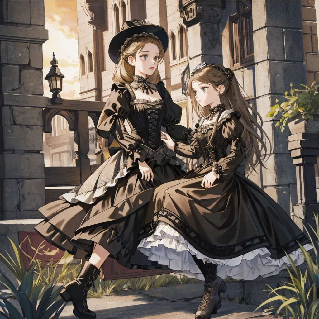 A woman wearing a dress and boots is standing in front of a building, Baroque Dress, Detailed steampunk dress, Elegant Gothic Princess, Victorian Gothic Lolita Fashion, 歴史的なBaroque Dressダーク, Black Gothic Lolita Dress, Fantasy style clothing, Rococo Dress, Black Rococo, Classic witch, Fantasy Costume, wearing a Gothic Dress, romantic dress, Gothic Dress, sit, Spread your legs, Looking from directly below, Drawers, underwear