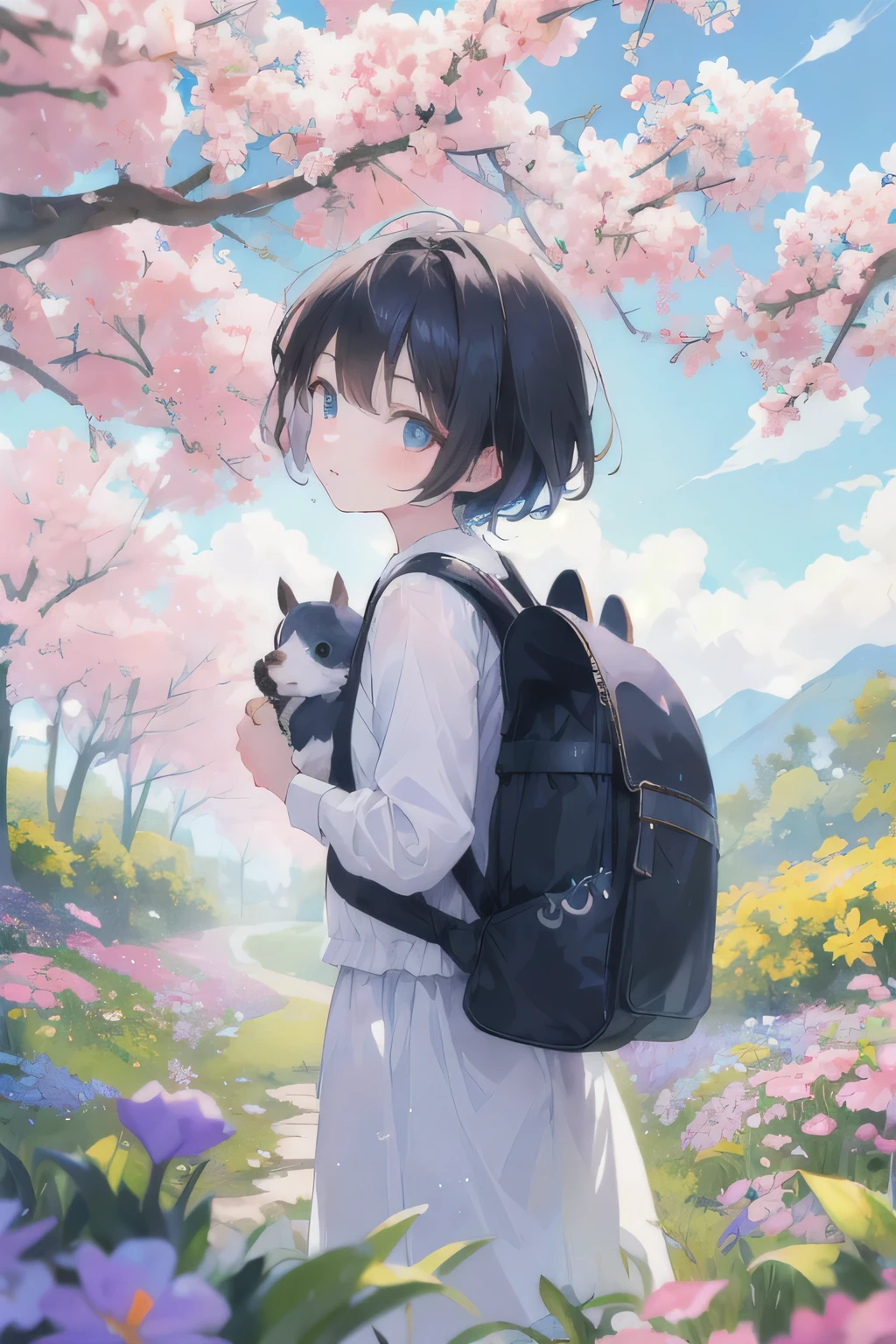 A very charming little boy,Carrying a backpack,And her cute puppy (hoarse) Enjoy a beautiful spring outing,Surrounded by beautiful flowers and nature. 4K resolution, HD, illustration, Very detailed, Facial features, Cartoon, Visual effect.