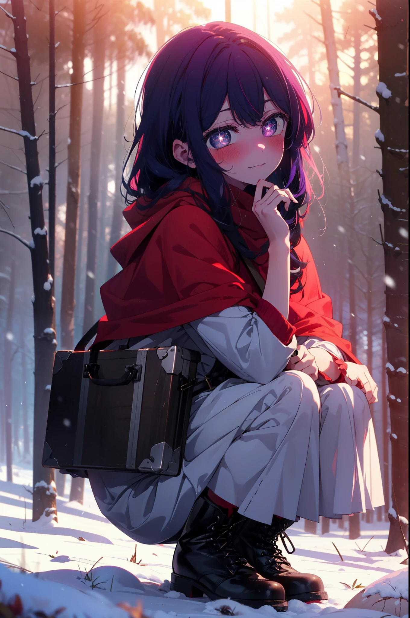 aihoshino, Ai Hoshino, Long Hair, bangs, (Purple eyes:1.1), Purple Hair, (Symbol-shaped pupil:1.5), smile,,smile,blush,white breath,
Open your mouth,snow,Ground bonfire, Outdoor, boots, snowing, From the side, wood, suitcase, Cape, Blurred, , forest, White handbag, nature,  Squat, Mouth closed, Cape, winter, Written boundary depth, Black shoes, red Cape break looking at viewer, Upper Body, whole body, break Outdoor, forest, nature, break (masterpiece:1.2), Highest quality, High resolution, unity 8k wallpaper, (shape:0.8), (Beautiful and beautiful eyes:1.6), Highly detailed face, Perfect lighting, Highly detailed CG, (Perfect hands, Perfect Anatomy),