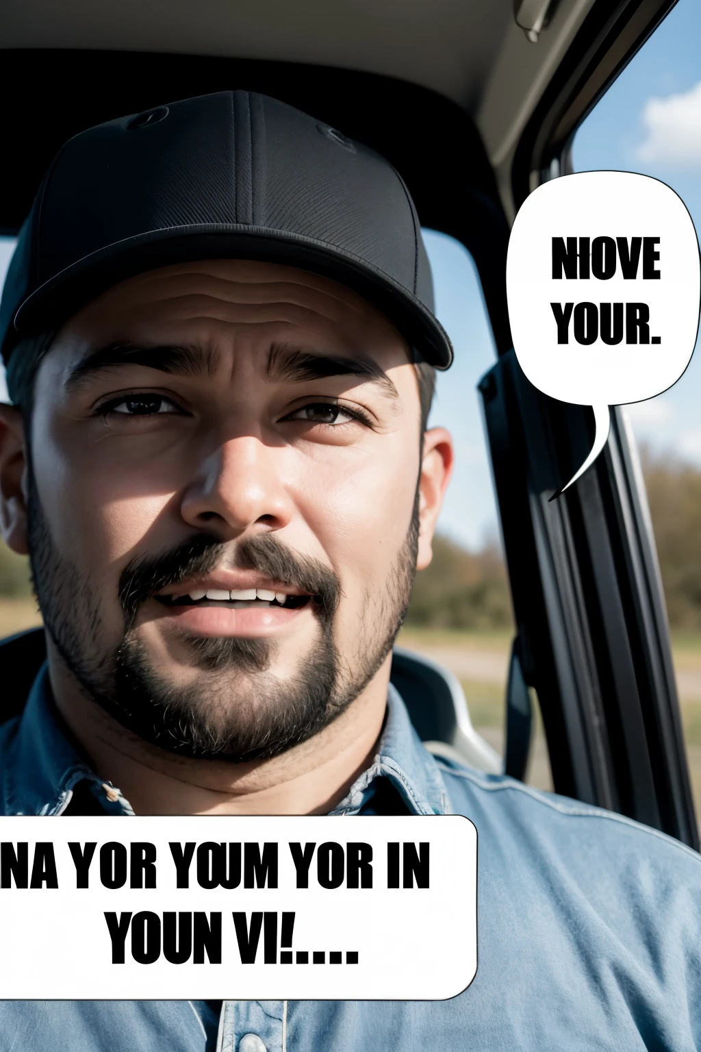 create an image of truck drivers talking and having fun with a large speech bubble, with nothing inside, with space for writing 

