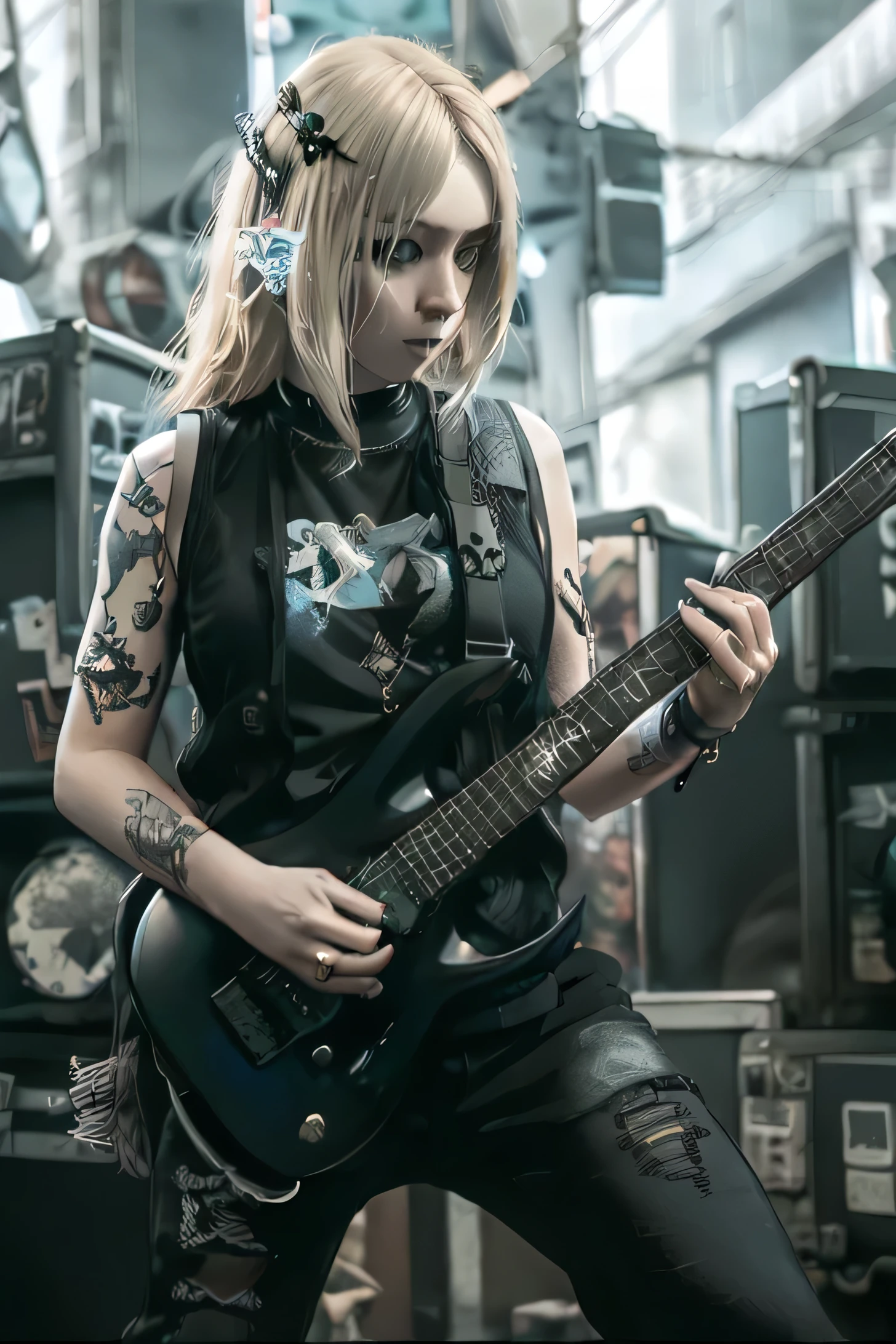 High-quality realistic style, beautiful woman, blue eyes,  expression, punk style hair (blonde, short and inverted), black tank top, wearing leather hot trousers, playing electric guitar, background with lots of music notes.