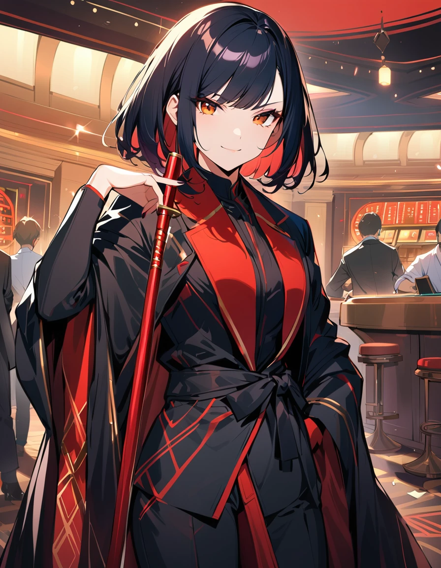 1girl, solo, Cool girl, Putting Pipe, opening kimono style cool design black coat with red gold lines, black secretary suit, casino, stylish bob straight black hair, small sword at the waist, girl standing, (looking at viewer), serious smile face, beautiful best proportions body, 