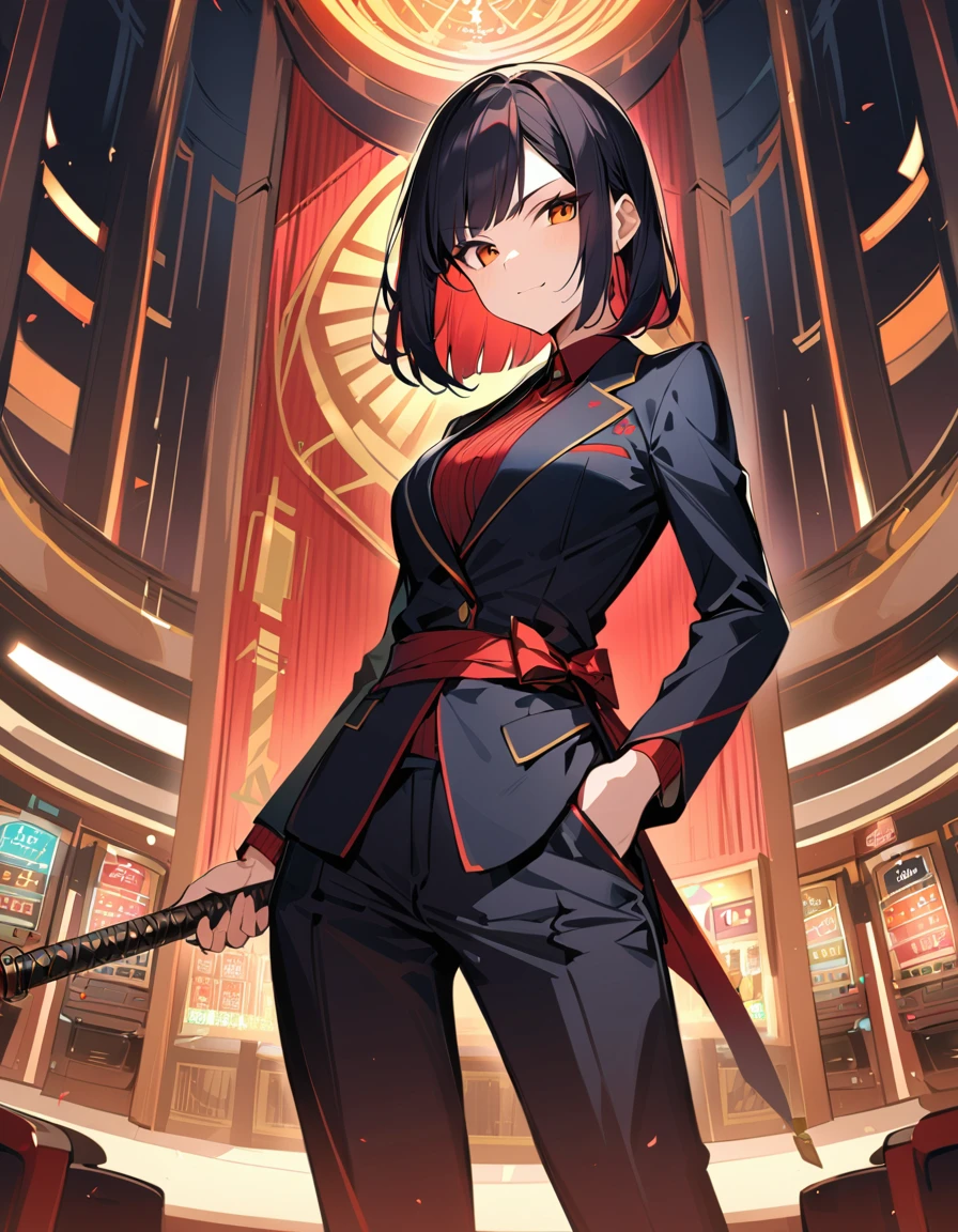 1girl, solo, Cool girl, Putting Pipe, opening kimono style cool design black coat with red gold lines, black secretary suit, casino, stylish bob straight black hair, small sword at the waist, girl standing, (looking at viewer), serious smile face, beautiful best proportions body, 