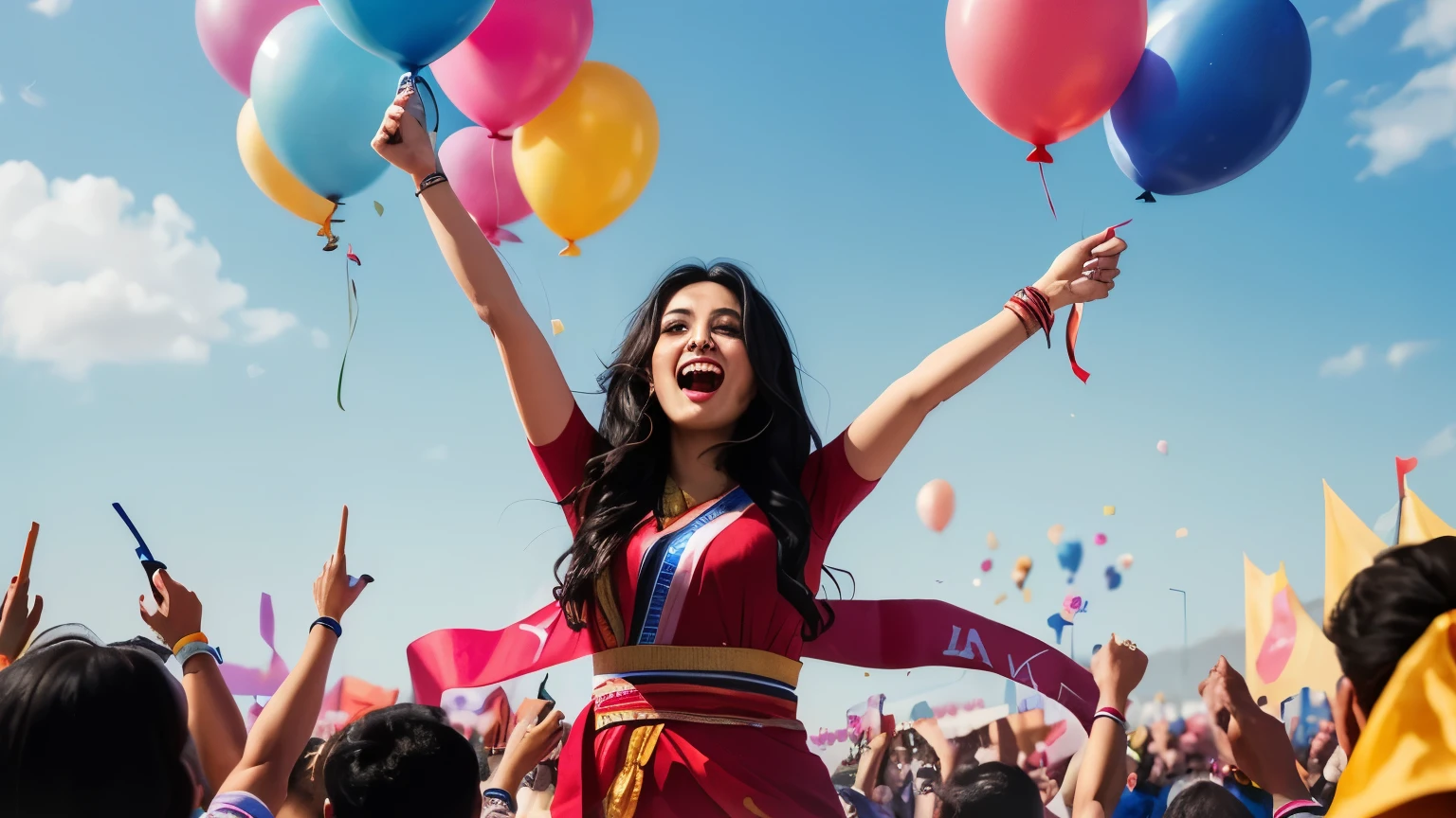 ((best quality)), ((masterpiece)), (detailed), A digital illustration of a a long black haired young women celebrating the victory at top of the stage with big crowd of Indian people cheering and clapping for her , with ribbons and balloons in the background.