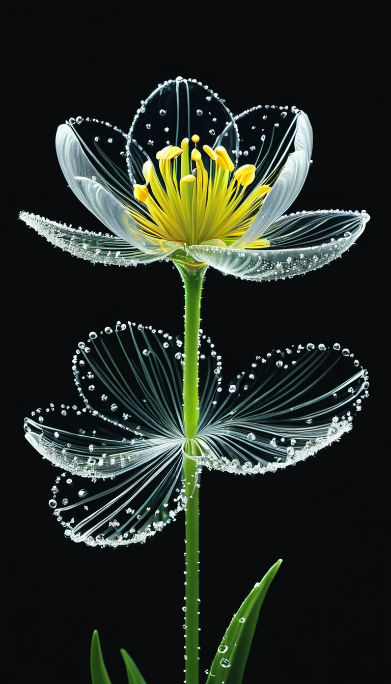 Kim Sooja, realistic, glass flower drops, transparent glass flowers, realistically rendered flowers, static polka dots all around, single flower symbolizes breathtaking beauty, perfect compositional center, intricate details showing unique and captivating elements, highly detailed digital painting, golden ratio, dramatic lighting, very realistic, Author: Suja .