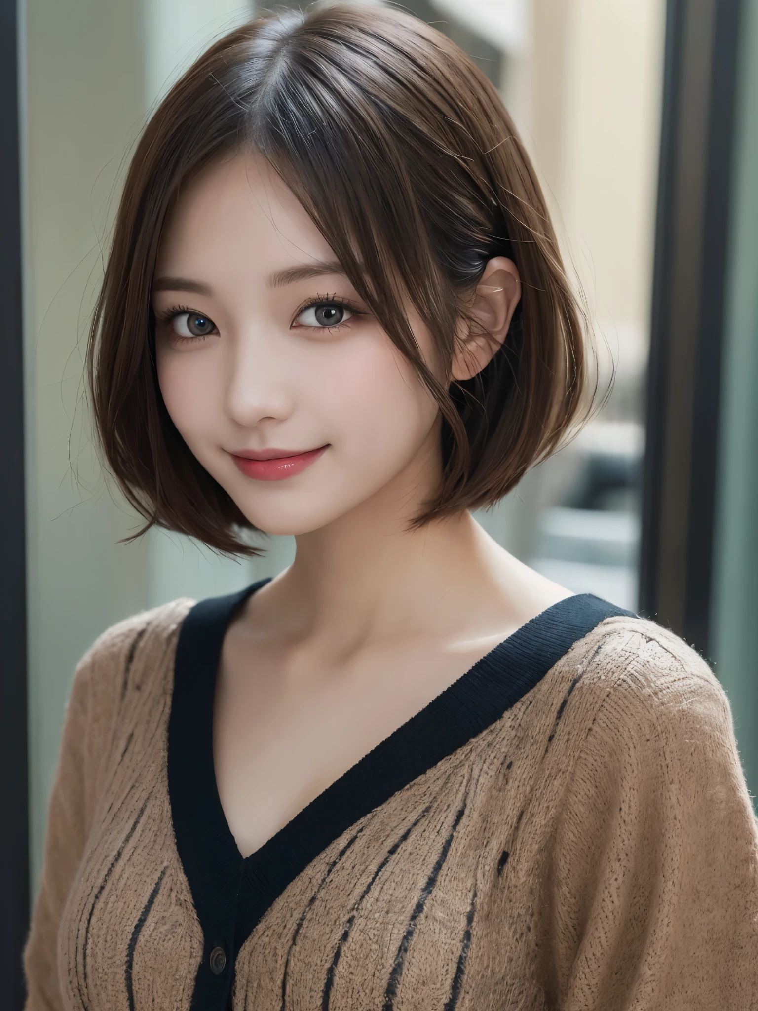 masterpiece, best quality, illustration, ultra-detailed, finely detailed, high resolution, 8K wallpaper, perfect dynamic composition, beautiful detailed eyes, Ginza, high-end fashion, short hair, confident expression, cute, smile, looking at camera