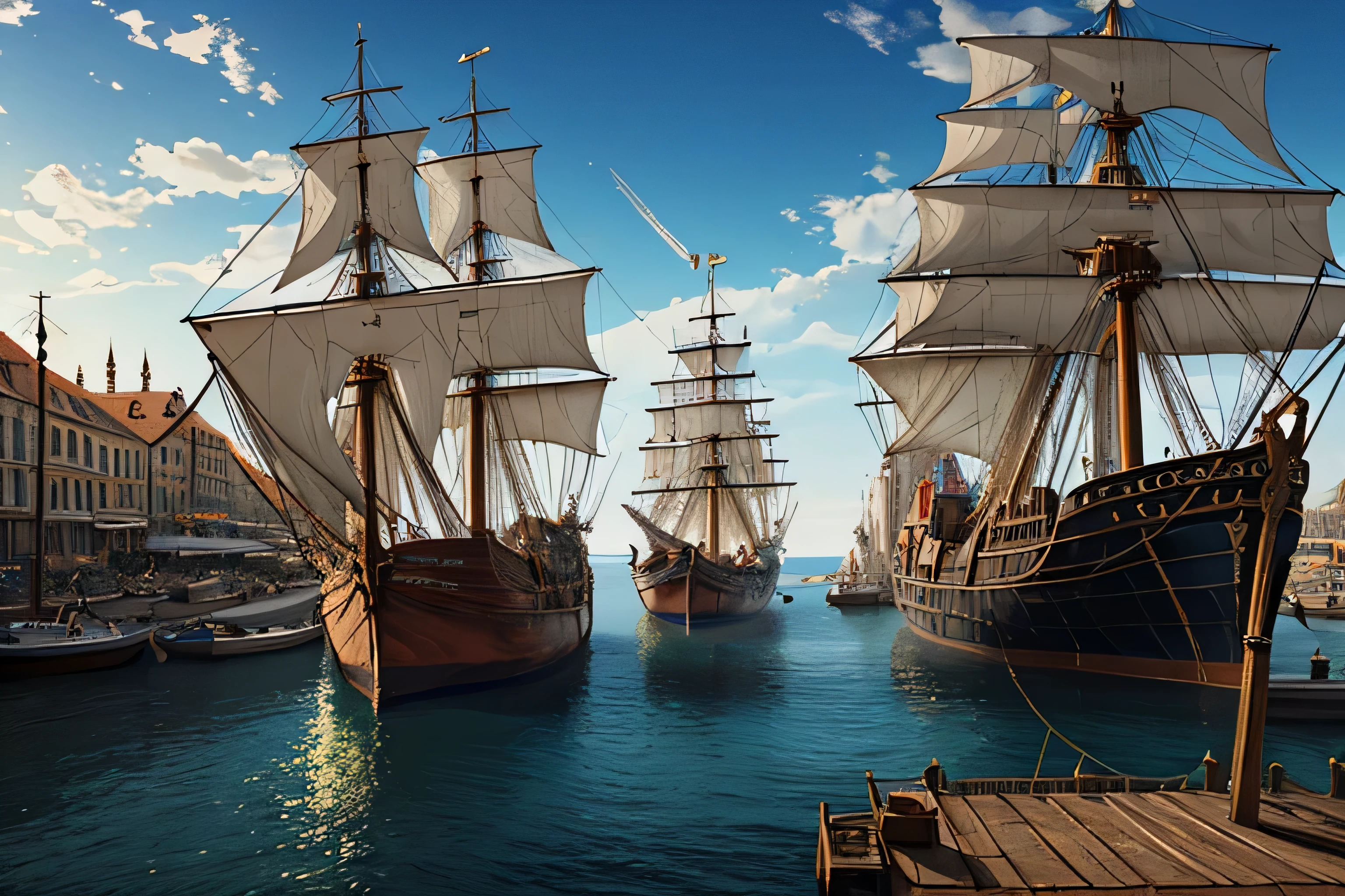 1girl, medieval european harbor town, bustling shipyard, large galleon ship docked, workers carrying cargo, bright sunlight, blue sky, masterpiece, high quality, illustration, intricate details, dynamic composition, realistic lighting, warm color palette, cinematic atmosphere, (best quality, , highres, masterpiece:1.2), ultra-detailed,  HDR, UHD, studio lighting, ultra-fine painting, sharp focus, physically-based rendering, extreme detail description, professional, vivid colors, bokeh