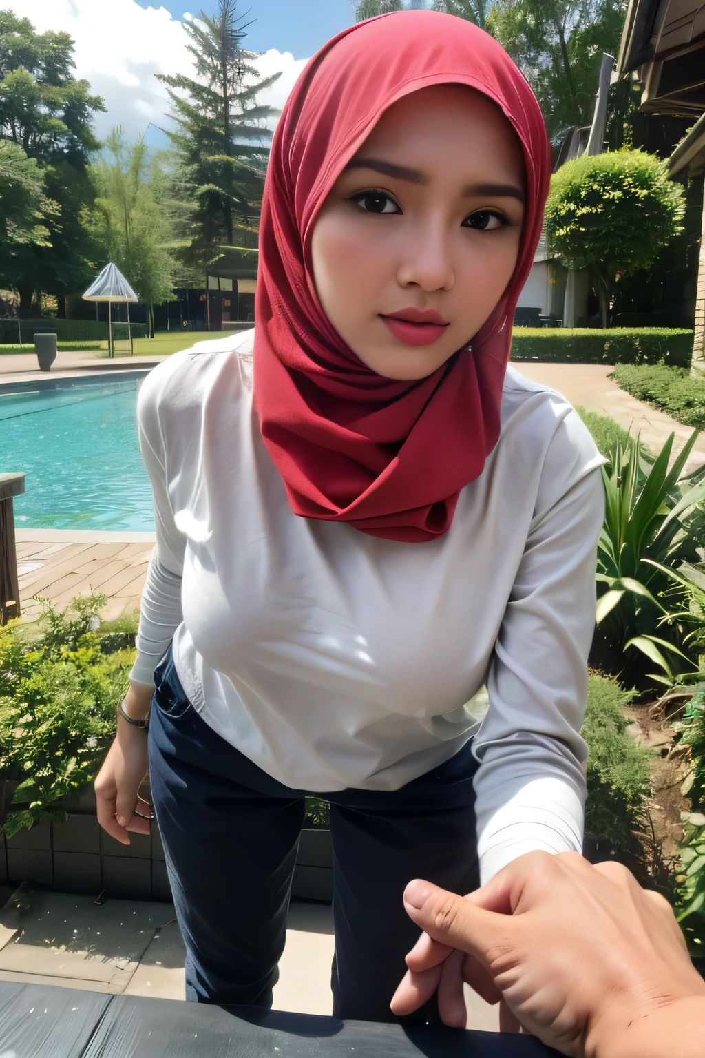 (masterpiece, best quality:1.3, fisheye), extremely high detailed, intricate, 8k, HDR, cinematic lighting, front pov ((garden:1.4, bent over against pov, hands grabing viewer )), slim waist, wide hips, narrow face, plump cheeks, small , wearing a pink gym outfits, at the garden, malay women wearing hijab.