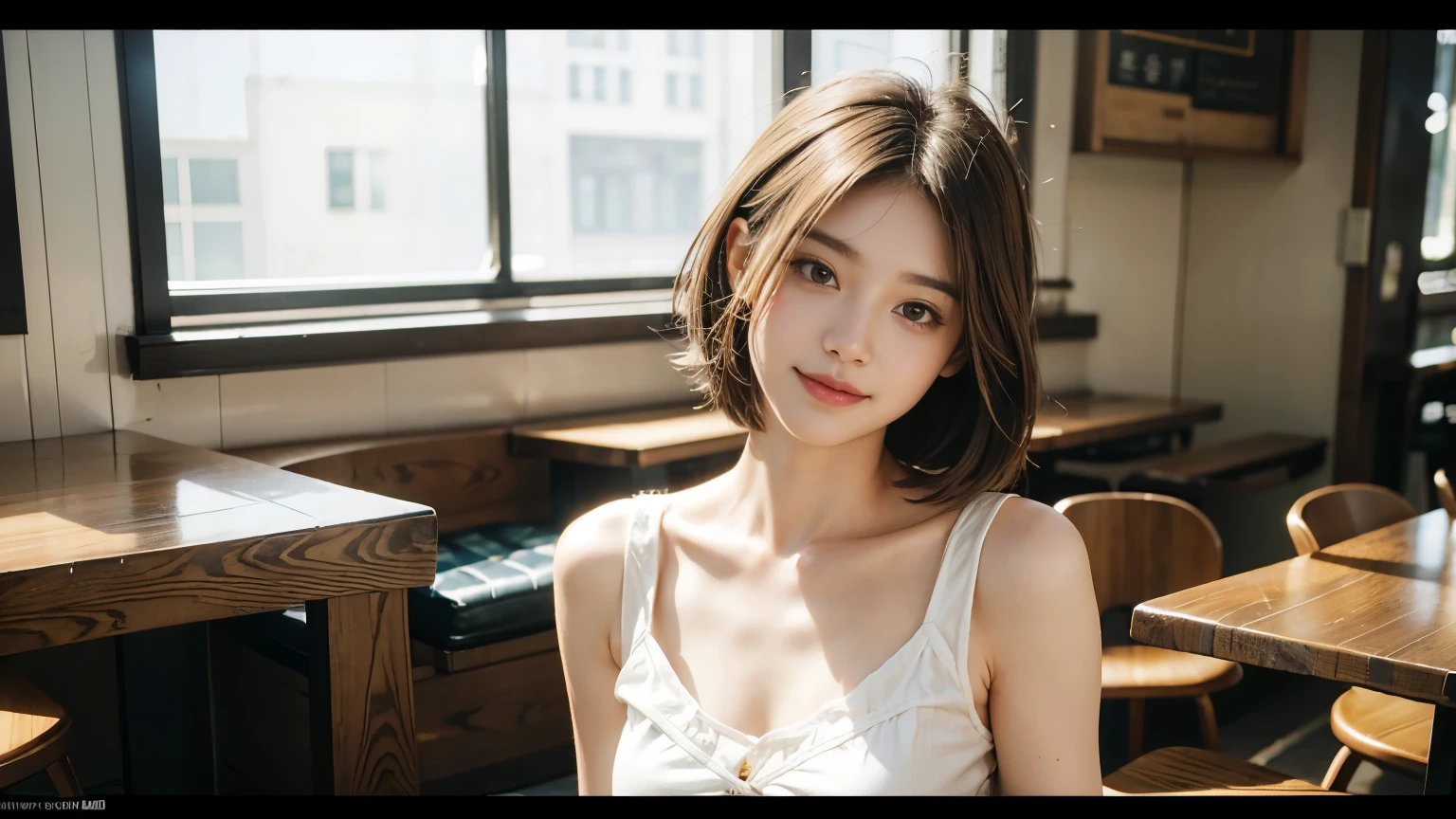 super high quality, smile, Slenderのネックレス, Slender, Cafes in New York, Gravure photoshoot, The staff is working at the counter in the back., (8k、RAW Photos、Highest quality、masterpiece:1.2), Japanese Idol, Fashion magazine photoshoot, (Realistic、Photorealistic:1.37), Mesh Hair, Urban Cafe, Golden Ratio, Raw photo, Cute face , Light Brown Hair, Small breasts, Bright cafe interior, Blurred Background, Beauty salon model, Summer clothes, Photographed inside the cafe, Hair blowing in the wind, Neat clothes, boyish, Very Short Hair, 18-year-old, Stylish clothes,