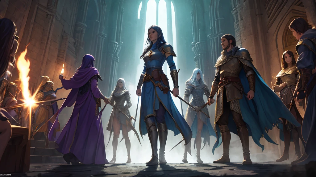 Crie uma cena épica de Dungeons and Dragons, where several RPG characters are in a dynamic battle. Include a strong warrior in shining armor, a priestess enveloped in holy light, a wizard casting a powerful spell and a nimble rogue about to strike from the shadows. The setting should be a classic battlefield, with castles in the background, mythical creatures and an atmosphere of adventure and imminent danger