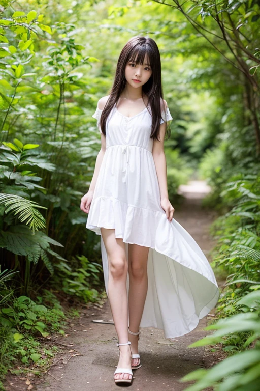 full body、Whole body expression、Super Long Straight、Silver Hair、17-year-old girl、The girl is alone、beautifulかわいい顔の前で踊る輝く髪を持つかわいいセクシーな小さなbeautiful顔、Long, silky bangs that cover the eyes、beautiful, bright, Light blue, Big eyes、Wearing a white dress、Super long, straight, silky hair that covers the face、Sexy and cute young woman、、Small Face Beauty、Body facing up、Background in the forest