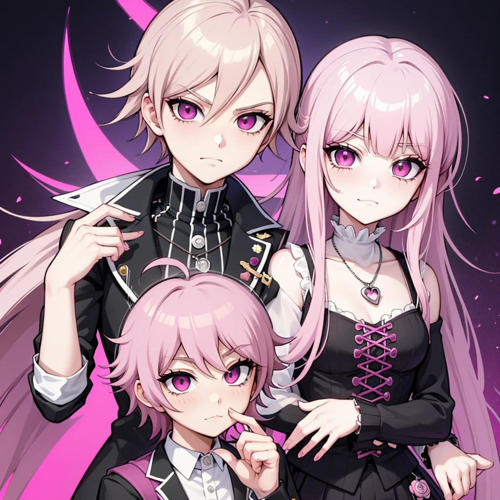 Pink hair, pink eyes, rich, sassy, rich, pink goth style, boy, male boy, Danganronpa, Danganronpa, young, anime boy, portrait