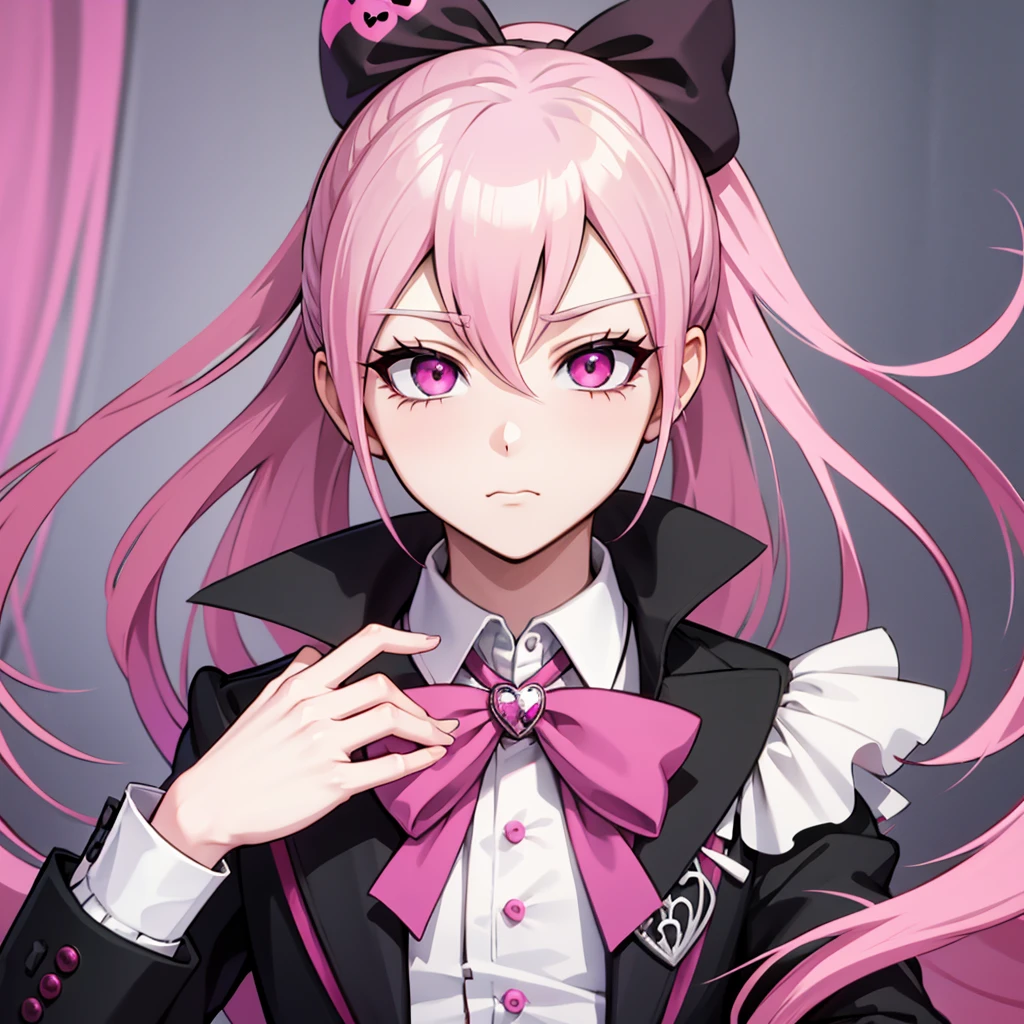 Pink hair, pink eyes, rich, sassy, rich, pink goth style, boy, male boy, Danganronpa, Danganronpa, young, anime boy, portrait