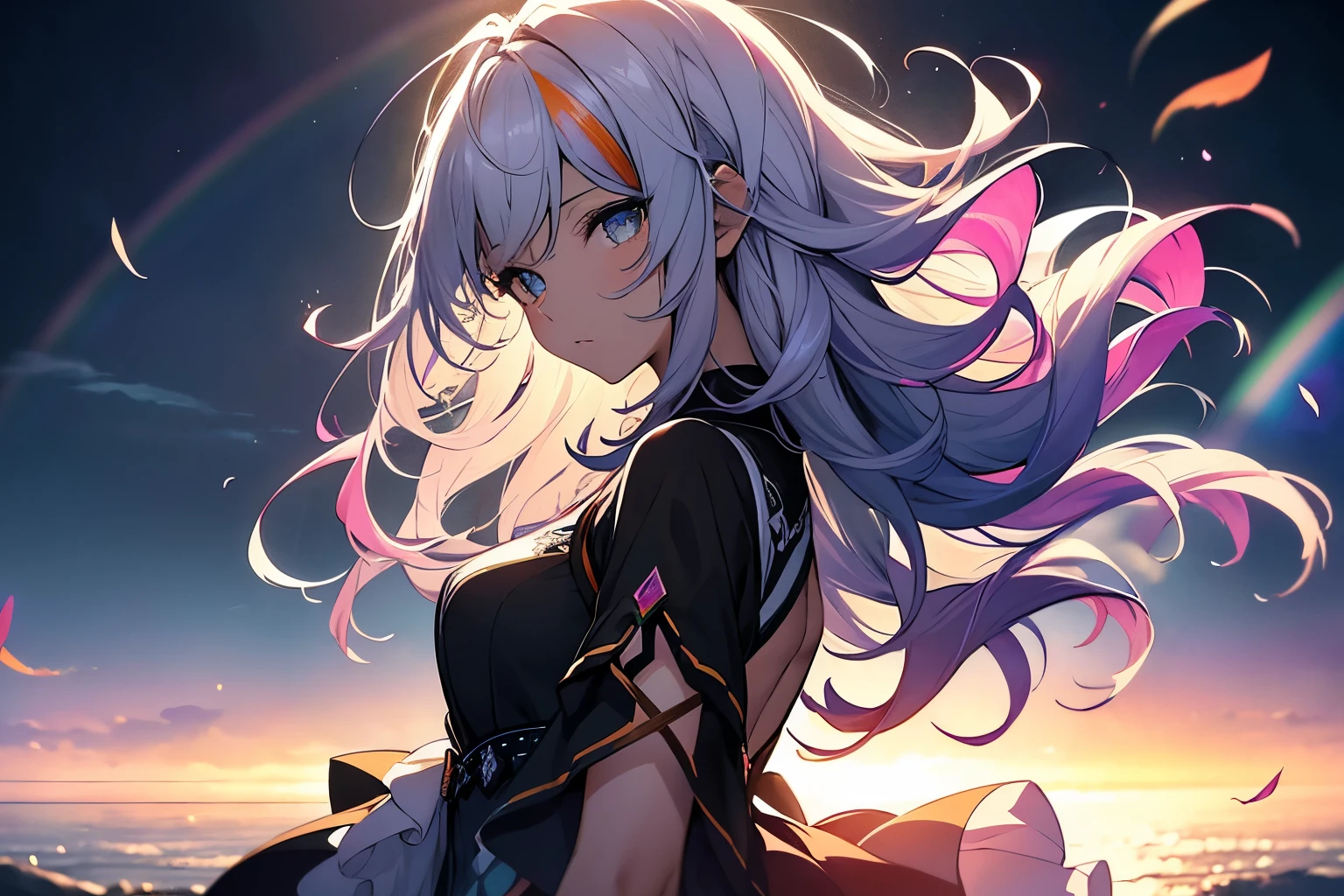 {(Rainbow Colors), (Gradation)}, ((Highest quality)), ((masterpiece)), (detailed), Perfect Face, Perfect Arms, Perfect hands, Perfect Fingers, anime, Ultra-fine illustration, (One girl), Elegant Dress, Big eyes, Layered Medium Hair, (My hair flutters in the wind:1.3), Are standing, Black background, From the side, Upper Body Shot,