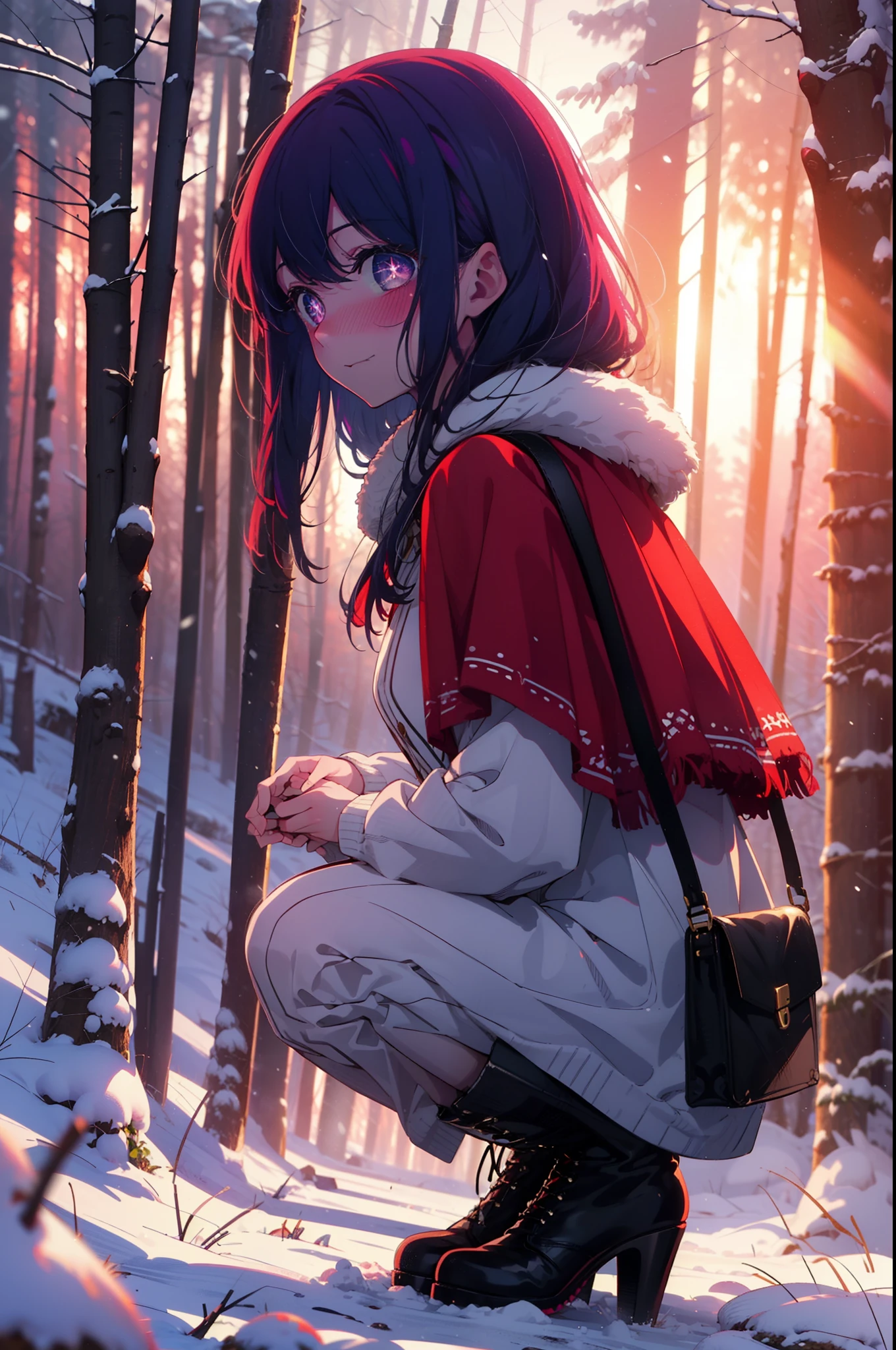 aihoshino, Ai Hoshino, Long Hair, bangs, (Purple eyes:1.1), Purple Hair, (Symbol-shaped pupil:1.5), smile,,smile,blush,white breath,
Open your mouth,snow,Ground bonfire, Outdoor, boots, snowing, From the side, wood, suitcase, Cape, Blurred, , forest, White handbag, nature,  Squat, Mouth closed, Cape, winter, Written boundary depth, Black shoes, red Cape break looking at viewer, Upper Body, whole body, break Outdoor, forest, nature, break (masterpiece:1.2), Highest quality, High resolution, unity 8k wallpaper, (shape:0.8), (Beautiful and beautiful eyes:1.6), Highly detailed face, Perfect lighting, Highly detailed CG, (Perfect hands, Perfect Anatomy),
