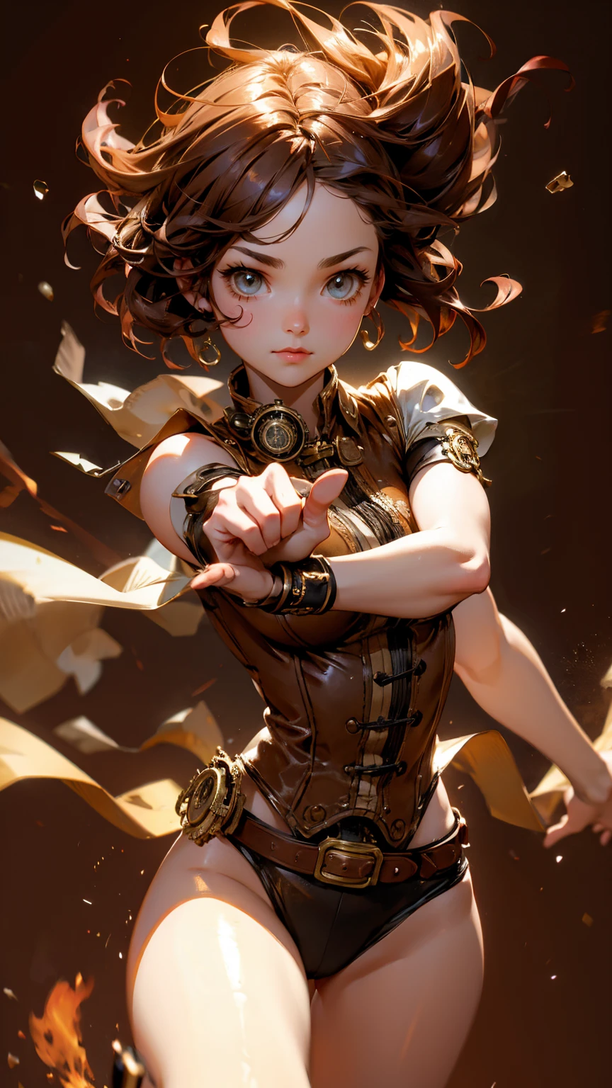 A cute steampunk girl running, strong lighting contrasts, playful pose, brown background ,