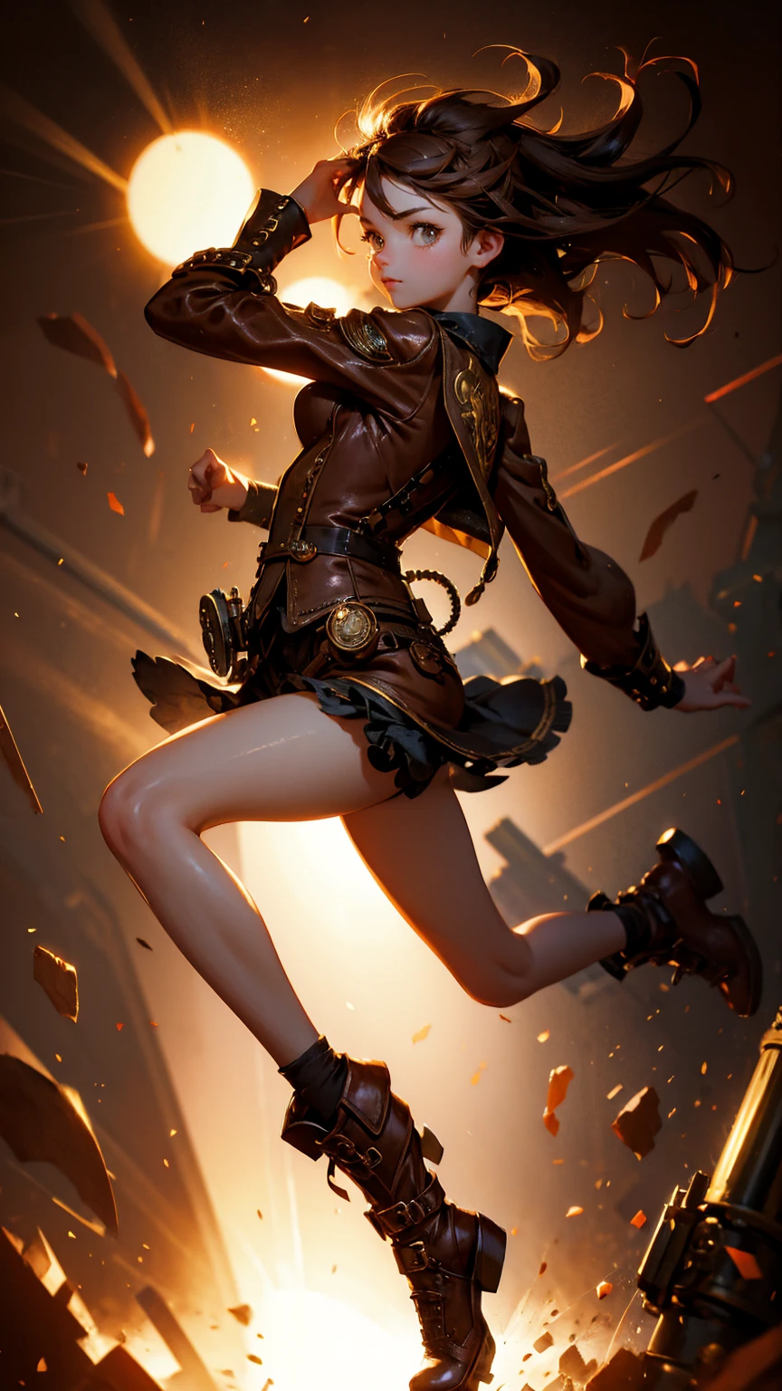 A cute steampunk girl running, strong lighting contrasts, playful pose, brown background ,