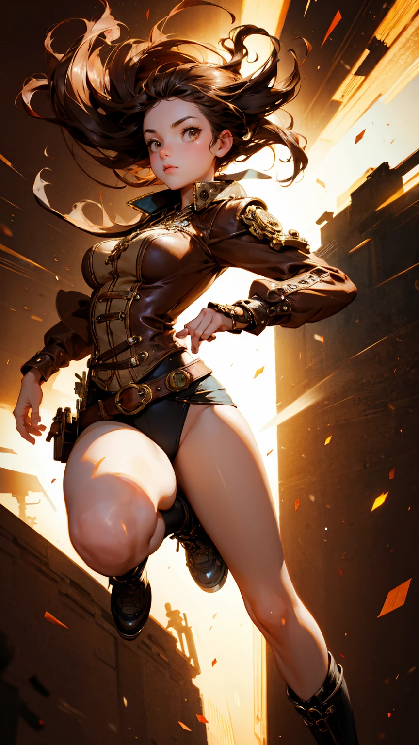 A cute steampunk girl running, strong lighting contrasts, playful pose, brown background ,