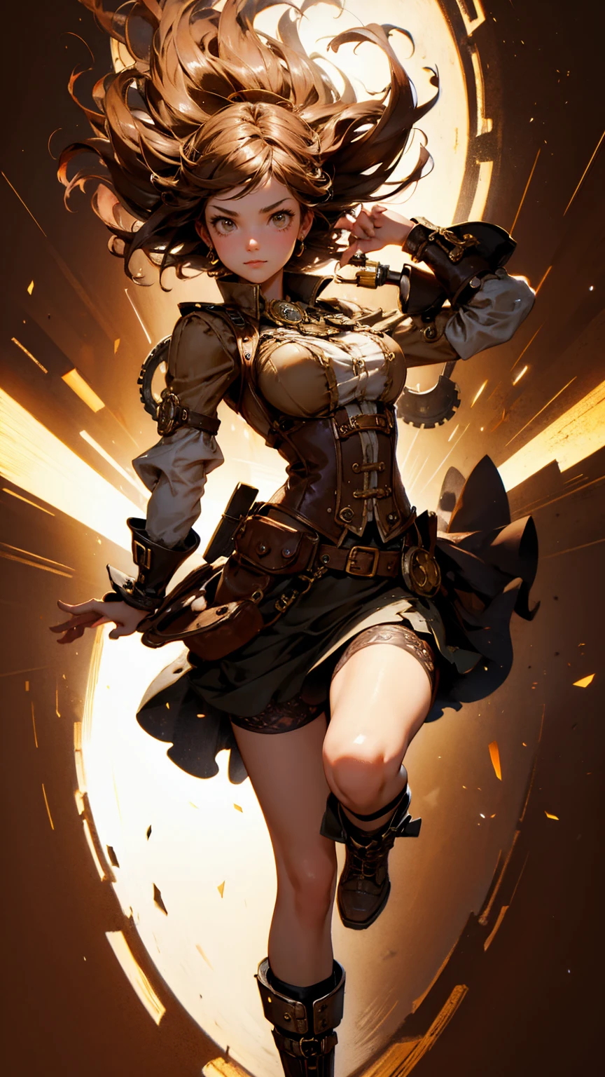 A cute steampunk  girl running, strong lighting contrasts, playful pose, brown background ,