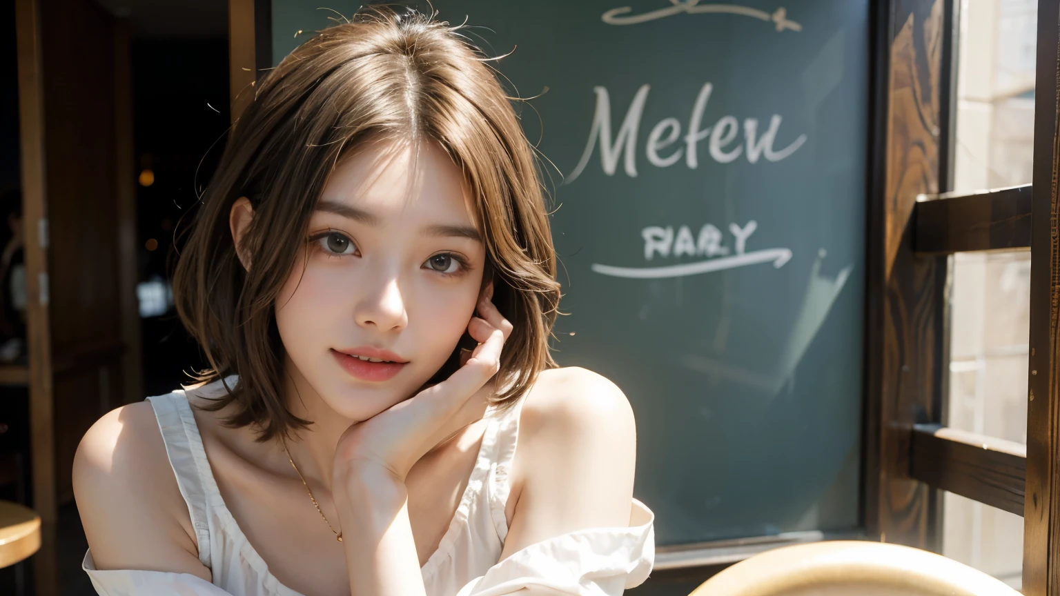 super high quality, smile, Slenderのネックレス, Slender, Cafes in New York, Gravure photoshoot, The staff is working at the counter in the back., (8k、RAW Photos、Highest quality、masterpiece:1.2), Japanese Idol, Fashion magazine photoshoot, (Realistic、Photorealistic:1.37), Mesh Hair, Urban Cafe, Golden Ratio, Raw photo, Cute face , Light Brown Hair, Small breasts, Bright cafe interior, Blurred Background, Beauty salon model, Summer clothes, Photographed inside the cafe, Hair blowing in the wind, Neat clothes, boyish, Very Short Hair, 18-year-old, Stylish clothes,