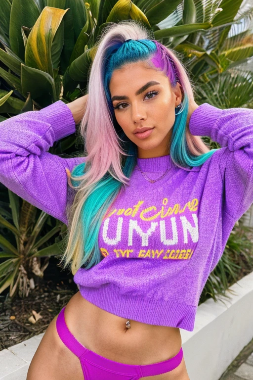 ((best qualityer)), ((work of art)), (detailded), 1 girl, ombro to ombro sweater, Create an image of a 20-year-old Brazilian digital influencer. She has a muscular and defined body, indicating that you exercise regularly and lead a healthy lifestyle. Her hair is flashy and colorful, a mix of vibrant colors like pink, blue or purple, styled in a modern and striking way. Your fashion sense is current and stylish, reflecting current social media trends. She is posing with confidence, with a background that suggests a vibrant and dynamic environment, possibly an urban setting or a beach in Brazil.",