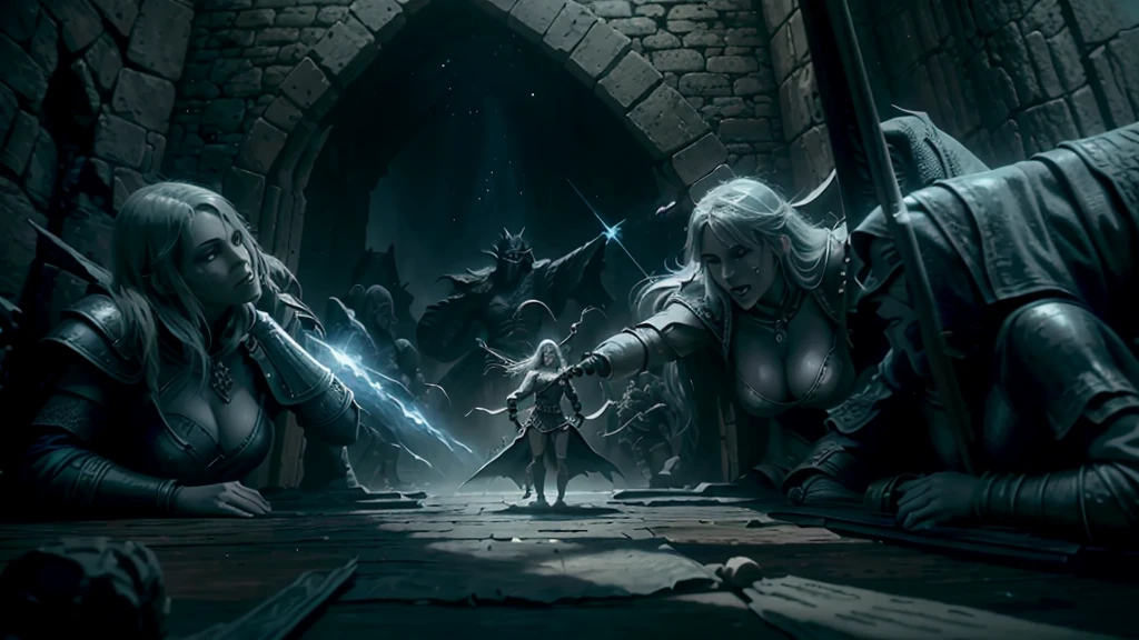 Crie uma cena épica de Dungeons and Dragons, where several RPG characters are in a dynamic battle. Include a strong warrior in shining armor, a priestess enveloped in holy light, a wizard casting a powerful spell and a nimble rogue about to strike from the shadows. The setting should be a classic battlefield, with castles in the background, mythical creatures and an atmosphere of adventure and imminent danger