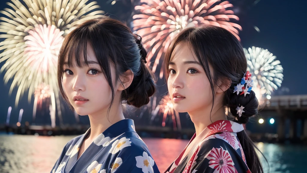 kawaii, (1woman), (yukata), (Best Quality:1.4), Realistic, extremely detailed CG unified 8k wallpaper, highly detailed, professional photography, Close up portrait of girl, Outdoors, Beautiful scenery, beach, (The night sky, fireworks, beautiful fireworks spreading across the sky:1.4), upper body photos, (Fine face:1.2), From the side